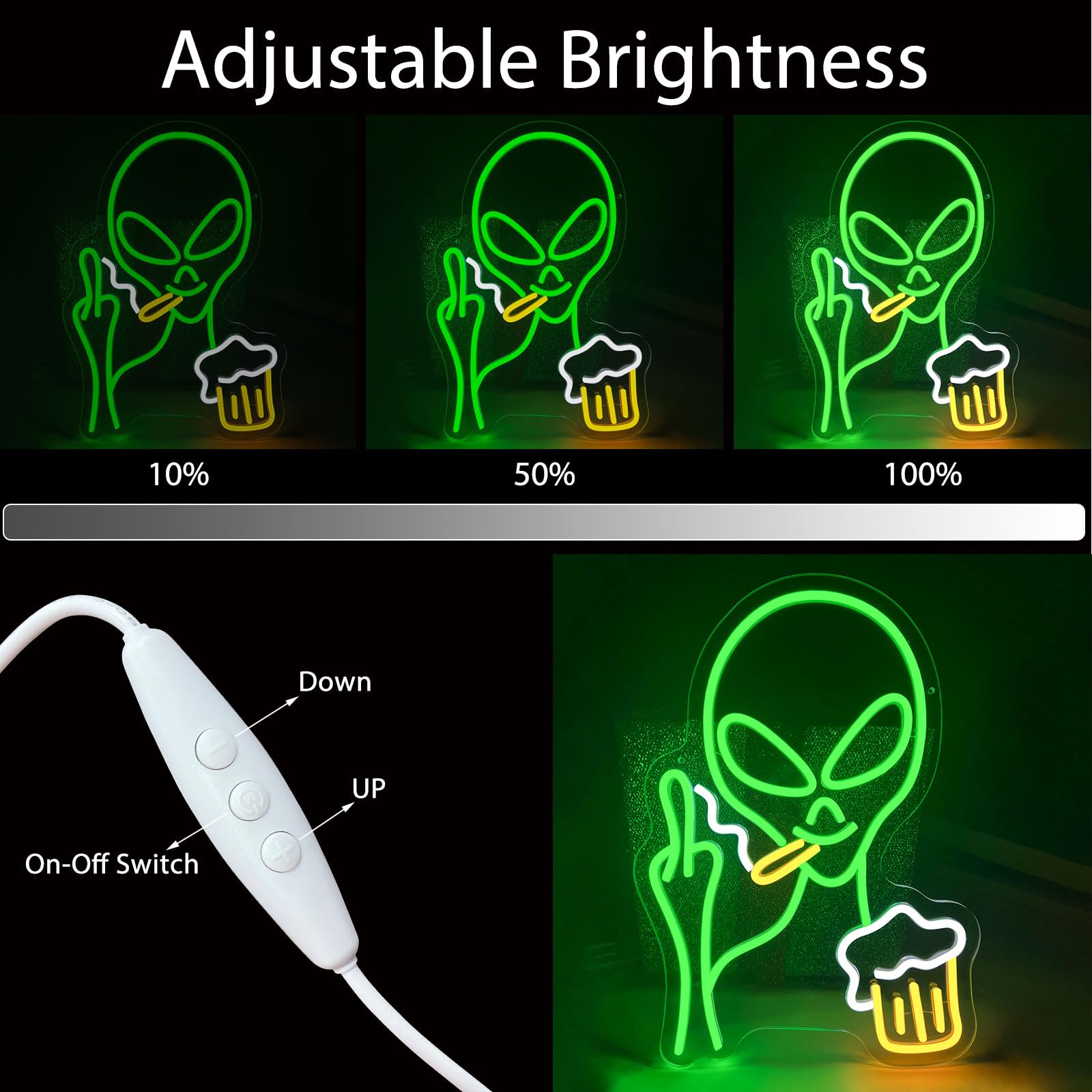 Nen Sign Green Alien Neon Light - Dimmable LED Wall Decor for Kids, USB Powered, Perfect for Bedroom, Game Room, and Parties