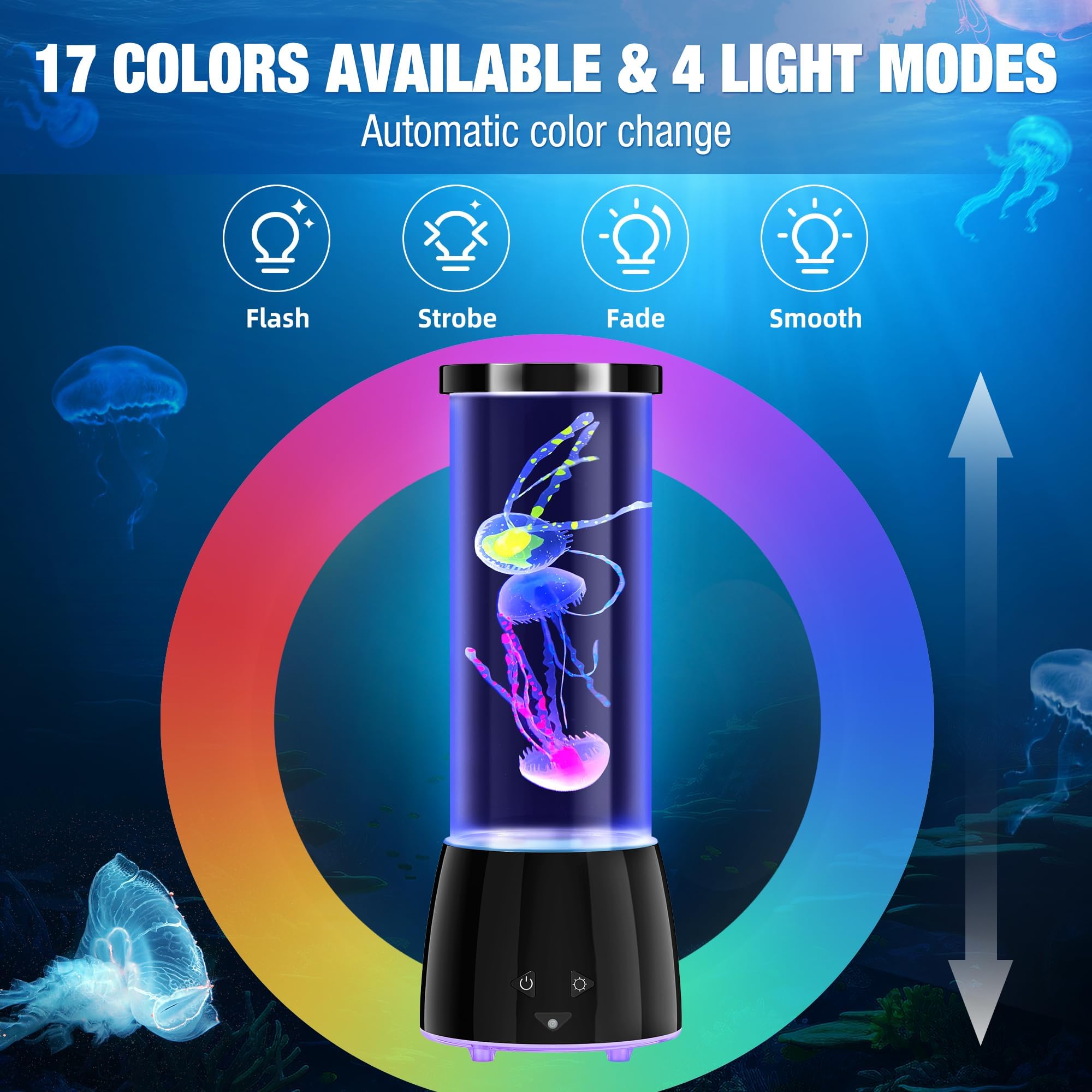 GuardWee Jellyfish Lamp - 17 Color Changing Modes, Remote Control, USB Rechargeable, Black, Model 6607