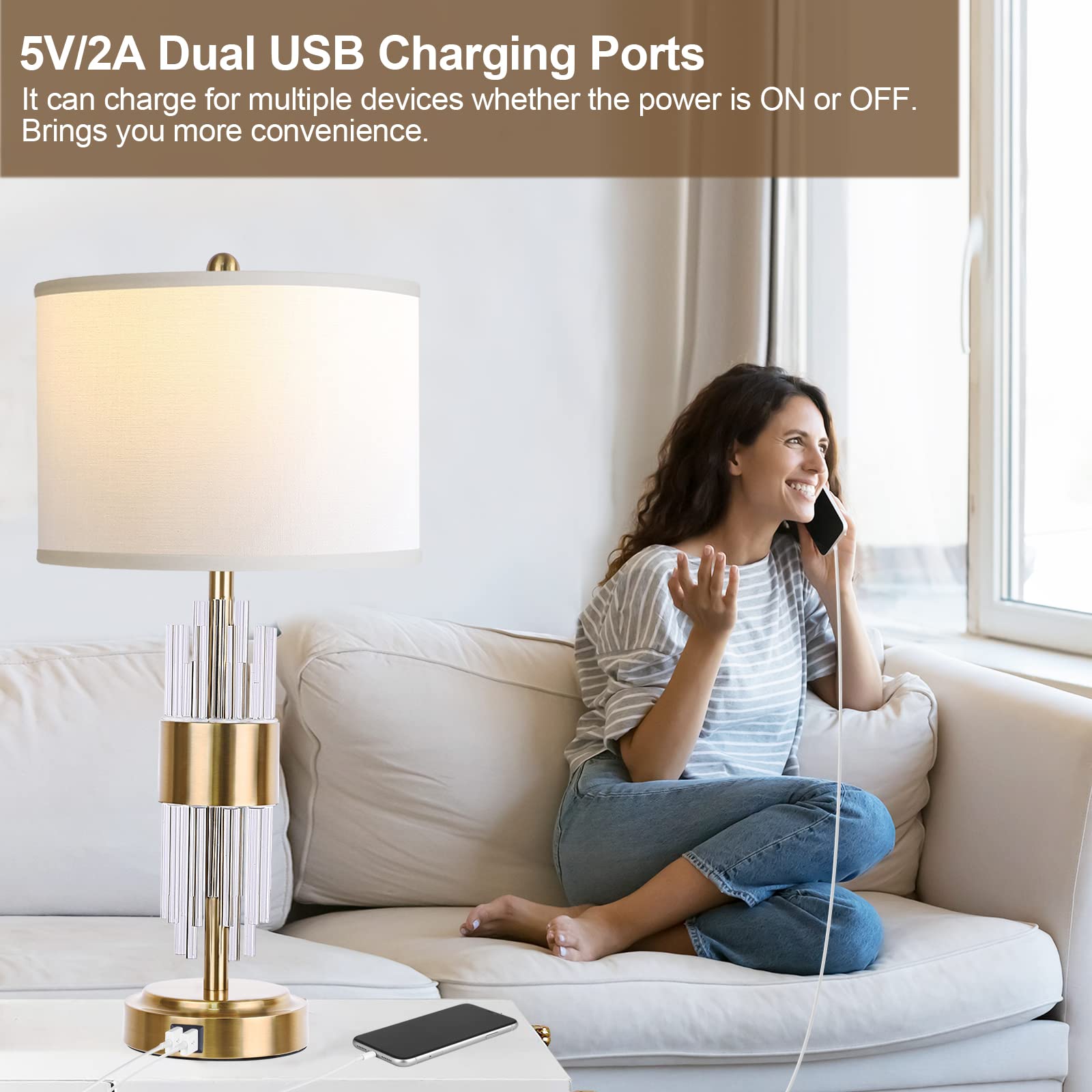 QiMH Table Lamp Set of 2, Brushed Gold, Touch Control, USB A+C Ports, White Shade, Modern Nightstand Lighting for Living Room & Bedroom
