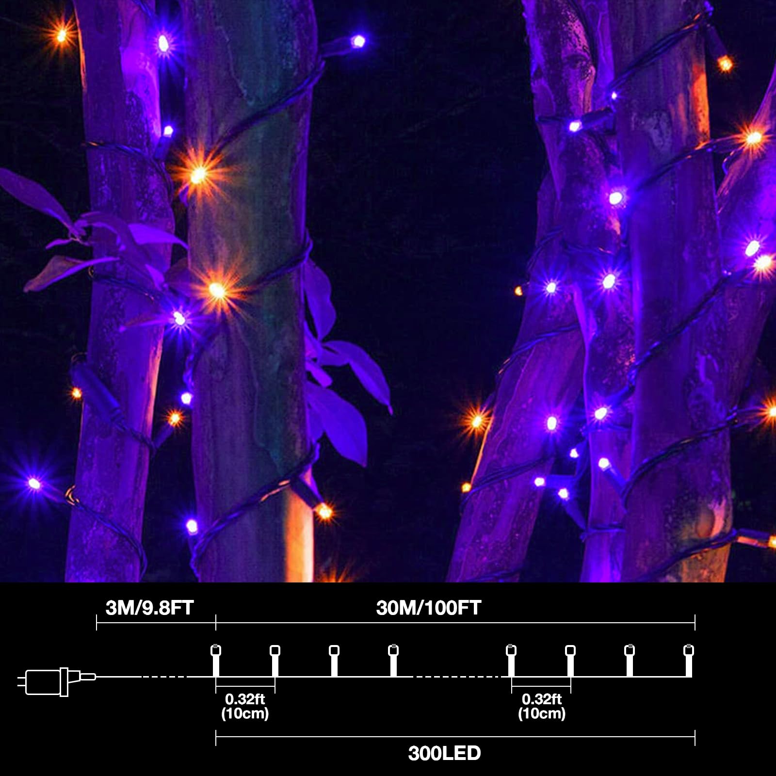 HeKation 300LED Twinkling Christmas String Lights, 100FT, Purple and Orange, Remote Control, 8 Modes, Model BD-300-L-P+O-C
