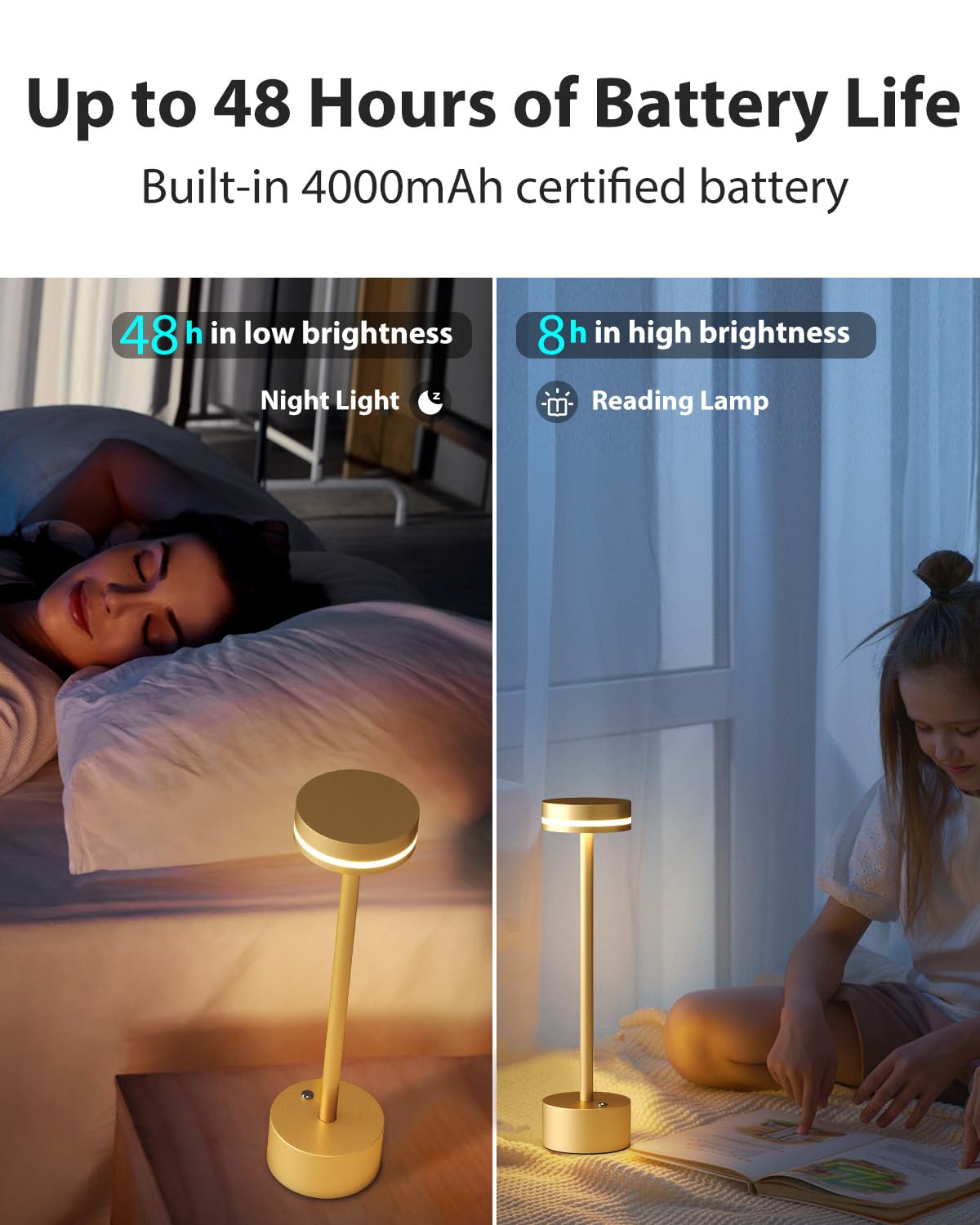 Funtaphanta Modern Rechargeable Cordless Table Lamp, Aluminum Shell Dimmable Battery Powered Lamp, 4000Mah Certified Battery, 3000K Portable Warm White Bedside Lamp, Pack Of 2 (Gold)