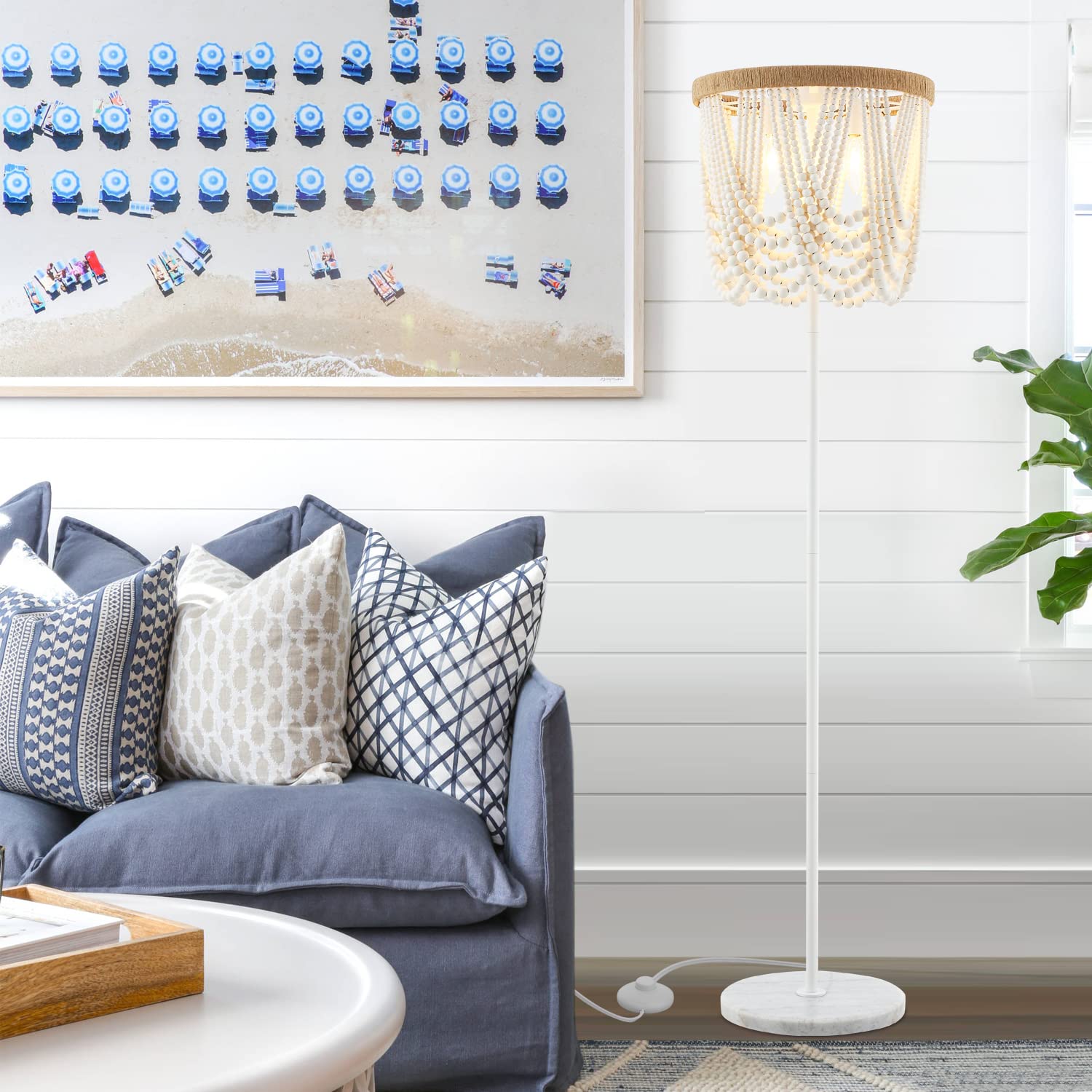 Viluxy Bohemia Wood Beaded Boho Floor Lamp - Antique Rustic White Finishing For Bedroom, Nursery, Dining, Girl Room - 3-Light