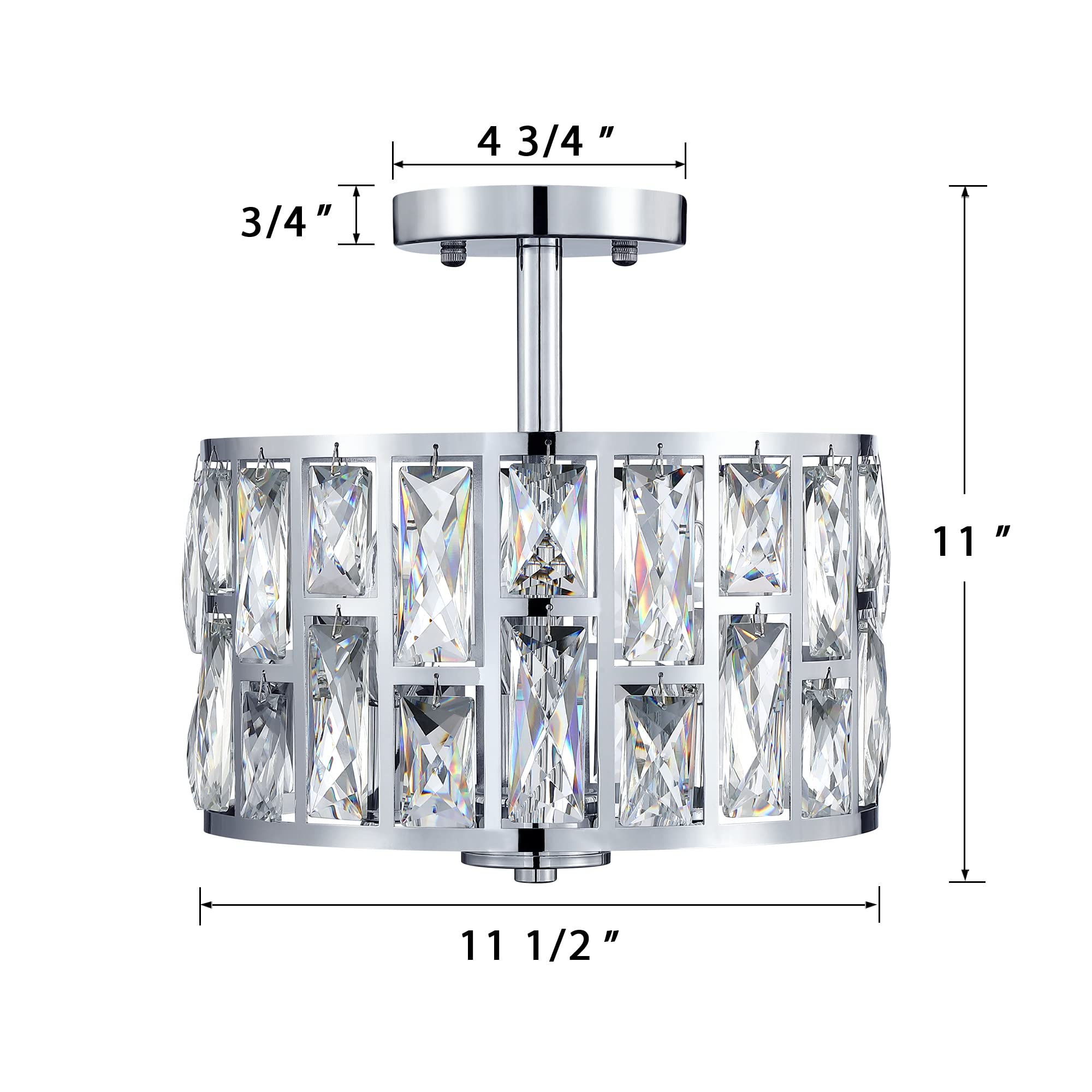 Mexo Modern Farmhouse Crystal Semi Flush Mount Ceiling Light, 3Lt Drum Shade, Silver Chrome