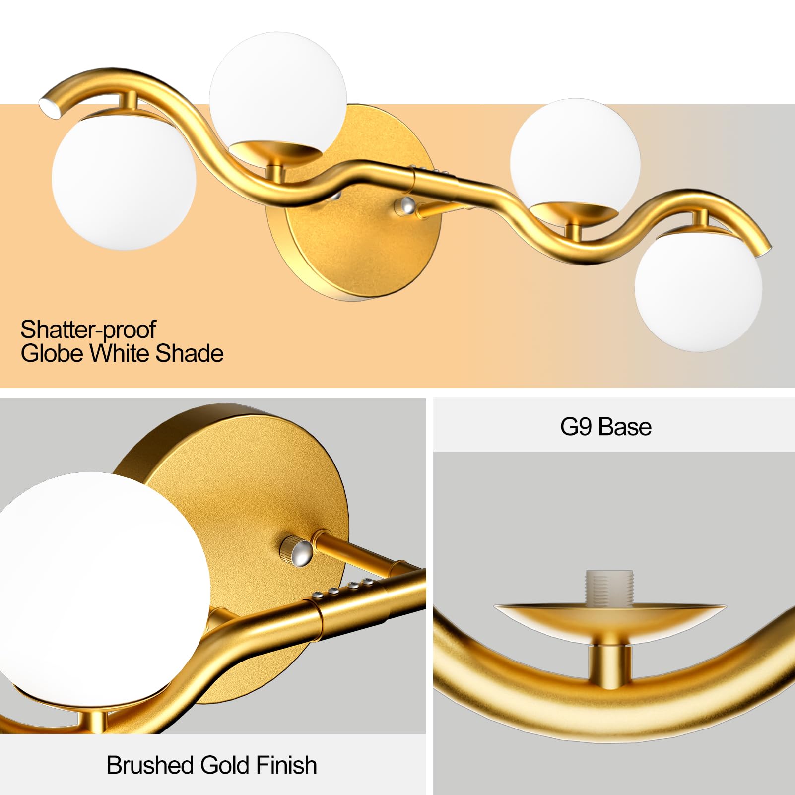 Lightdot 27in Gold Bathroom Vanity Light | 4-Light S-Frame Design | Shatterproof Shades | G9 Socket & Bulbs Included