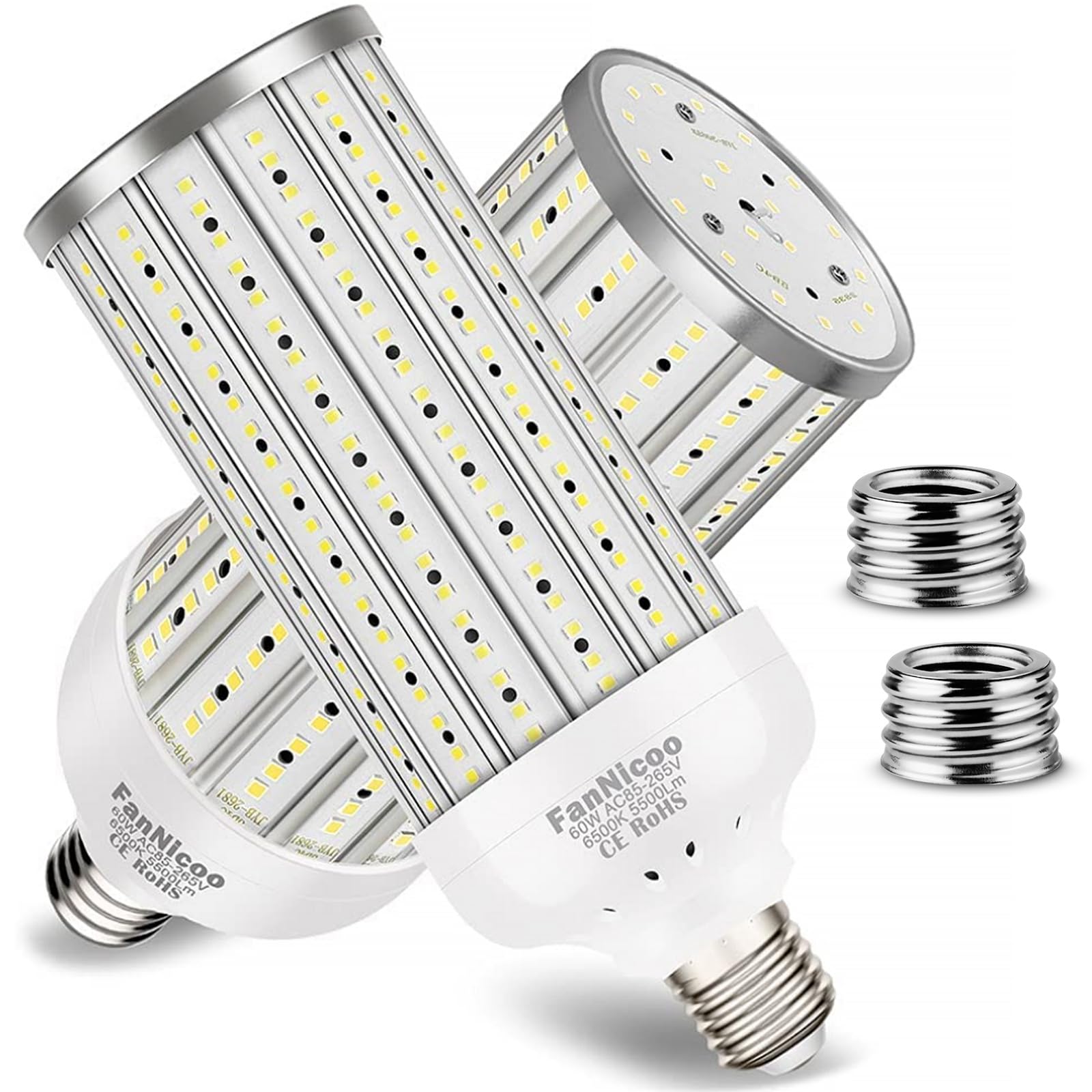 Fannicoo 2 Pack 500W Equivalent Led Corn Light Bulb 5500 Lumen 6500K 60W Large Area Cool Daylight White E26/E27 Medium Base For 
