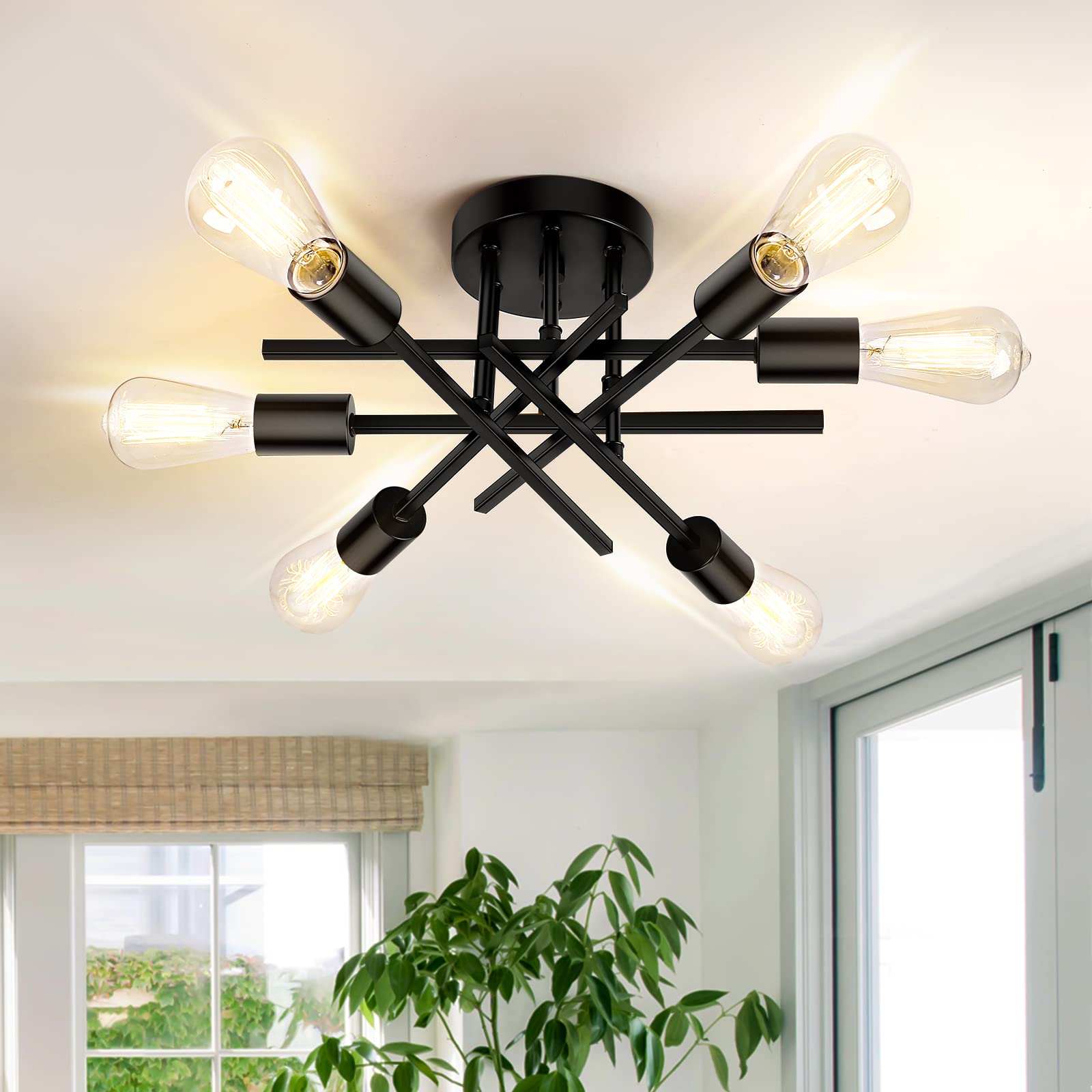 Tobusa 6-Light Semi Flush Mount Ceiling Light Fixture, Black Sputnik Ceiling Light, Modern Close To Ceiling Light Fixture For Ki