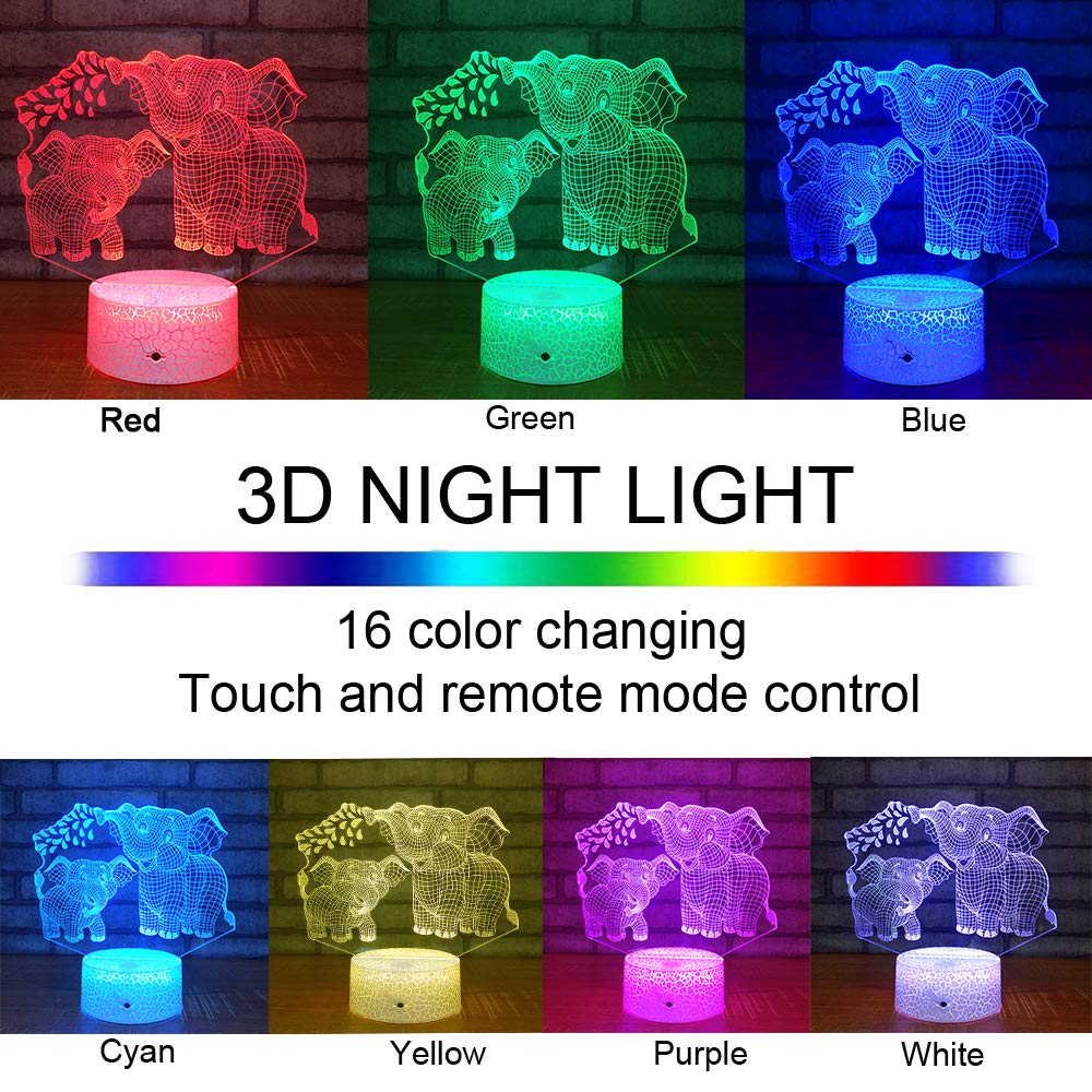 Elephant 3D Night Light for Kids 3D Lamp with 16 Colors Changing Remote Control Elephant Toys 10 9 3 5 2 8 1 7 6 4 Year Old Girl