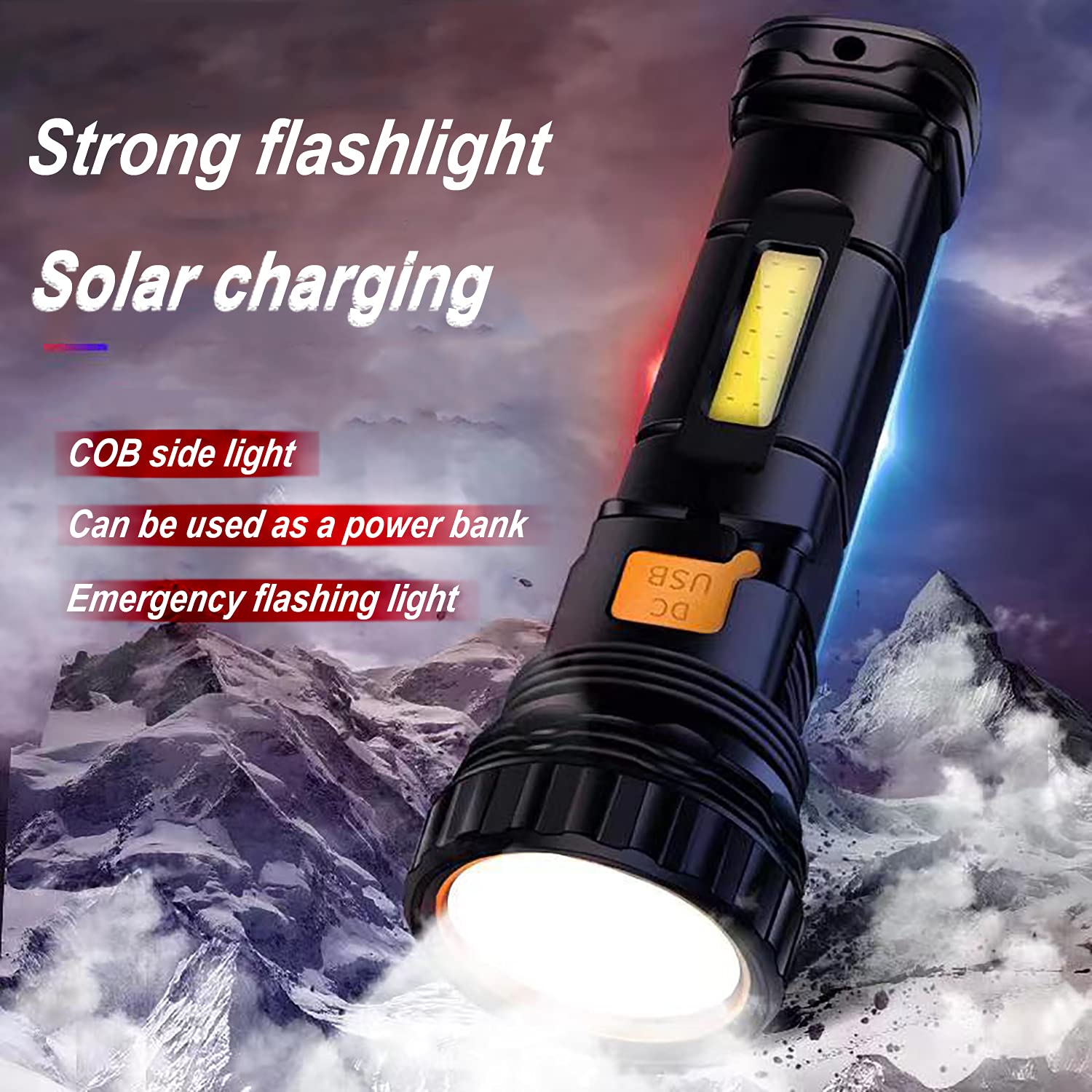 E-Shidai 1000 Lumens Solar Led Flashlight With Strobe Light, 1200Mah Battery, Usb Charging