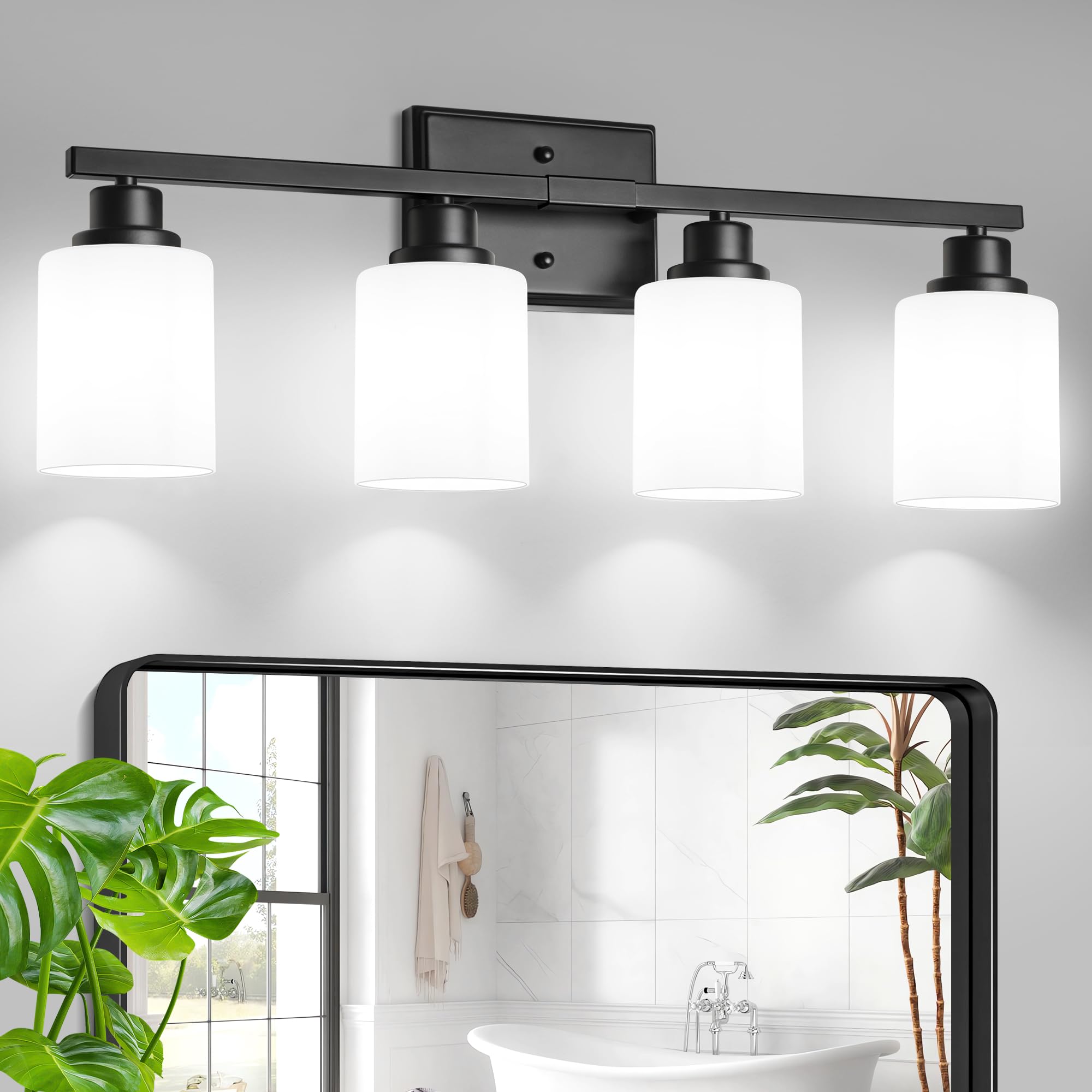 Unicozin 4-Light Bathroom Light Fixtures  Modern Black Vanity Light Over Mirror  Wall Sconces with Milky White Glass Shades for Living Room Bedroom Hallway E26 Base