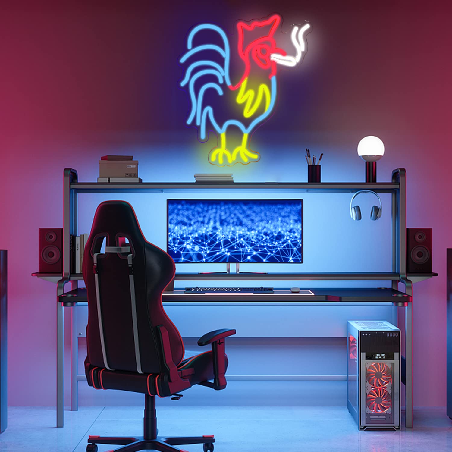 Ineonlife Neon Rooster Sign - Red Blue Led Wall Decor, Acrylic, Model Ns156, Colorful-B-Rooster, Unique Birthday Party Gift