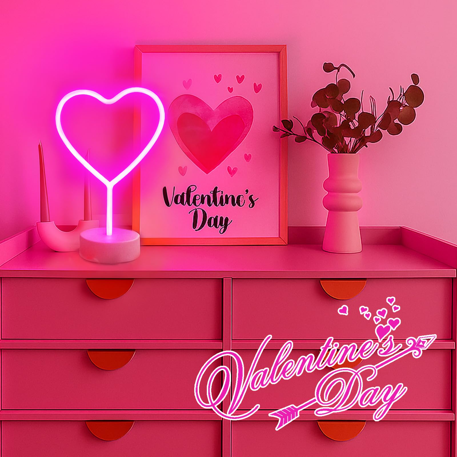 Pink Heart Neon Sign  2 Pack Led Neon Light Battery Operated Or Usb Powered Lamp Valentines Day  Table Decorations Lights For Room Dorm Wedding Anniversary Bedroom Classroom Decor