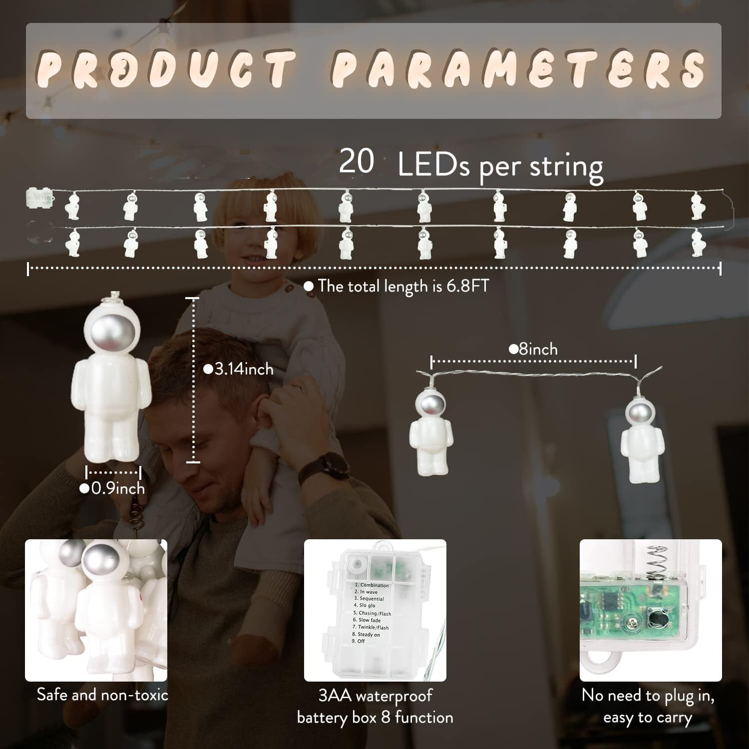 Yeamar Astronaut Pendants String Lights 20 Led 14Ft Holiday Party Lights Wall Window Nursery Or Kids Room Decor Around The Garden Birthday Boy Room Decor (8Mode)