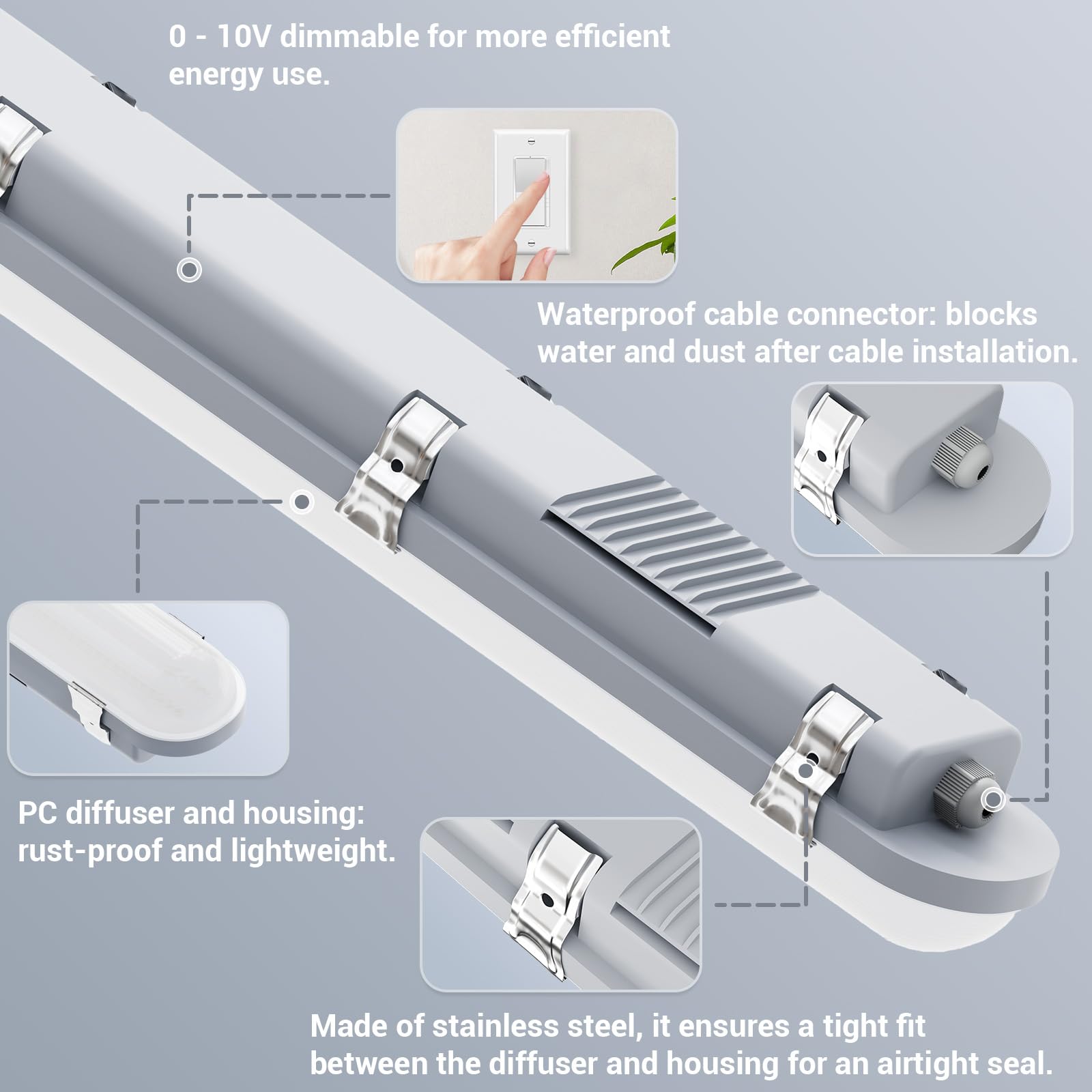 JTT 8FT LED Vapor Tight Light, 18000LM, IP66 Waterproof, 5000K/4000K/3000K, 2-Pack, White, Model 14