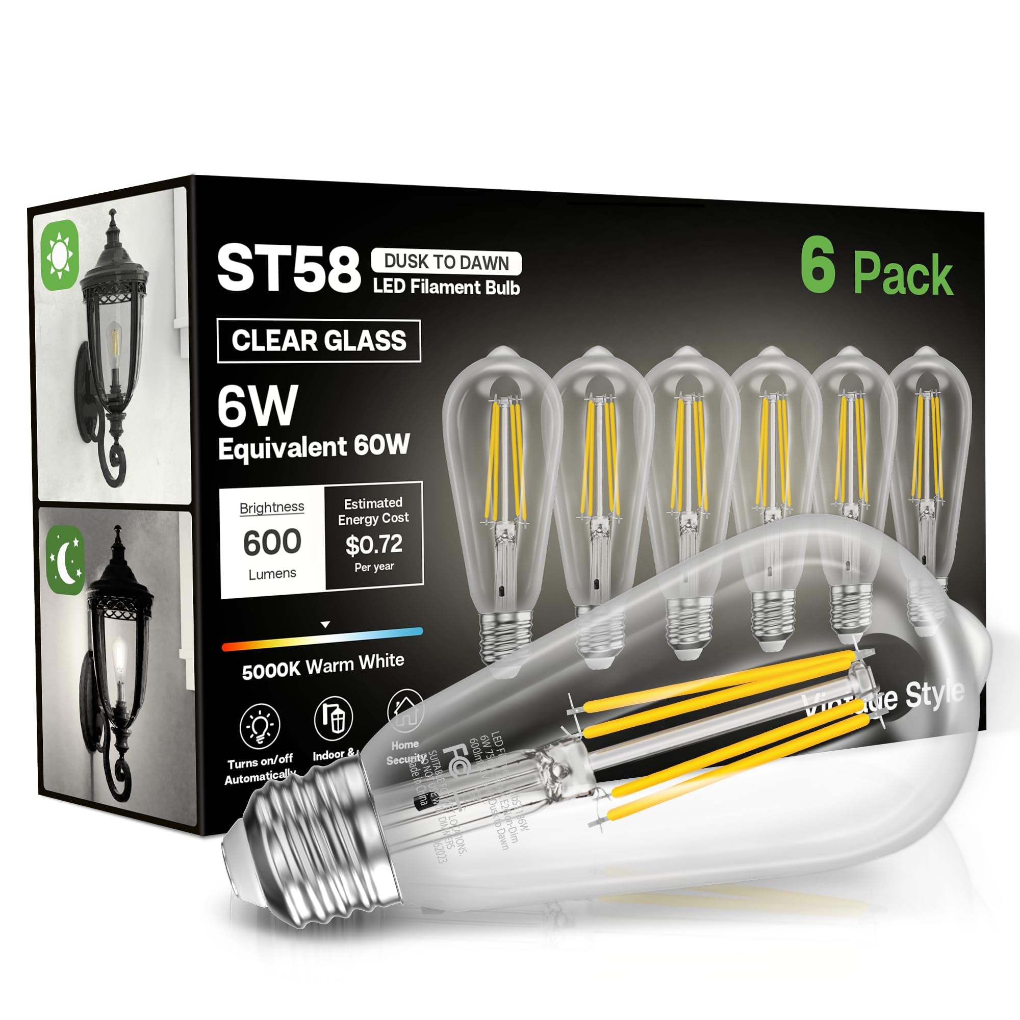 Eastiya Dusk To Dawn Light Bulbs, 6W Equivalent 60W, Cool White 5000K, E26 Base, Light Sensing, St58 Vintage Style, 600Lm, Outdo