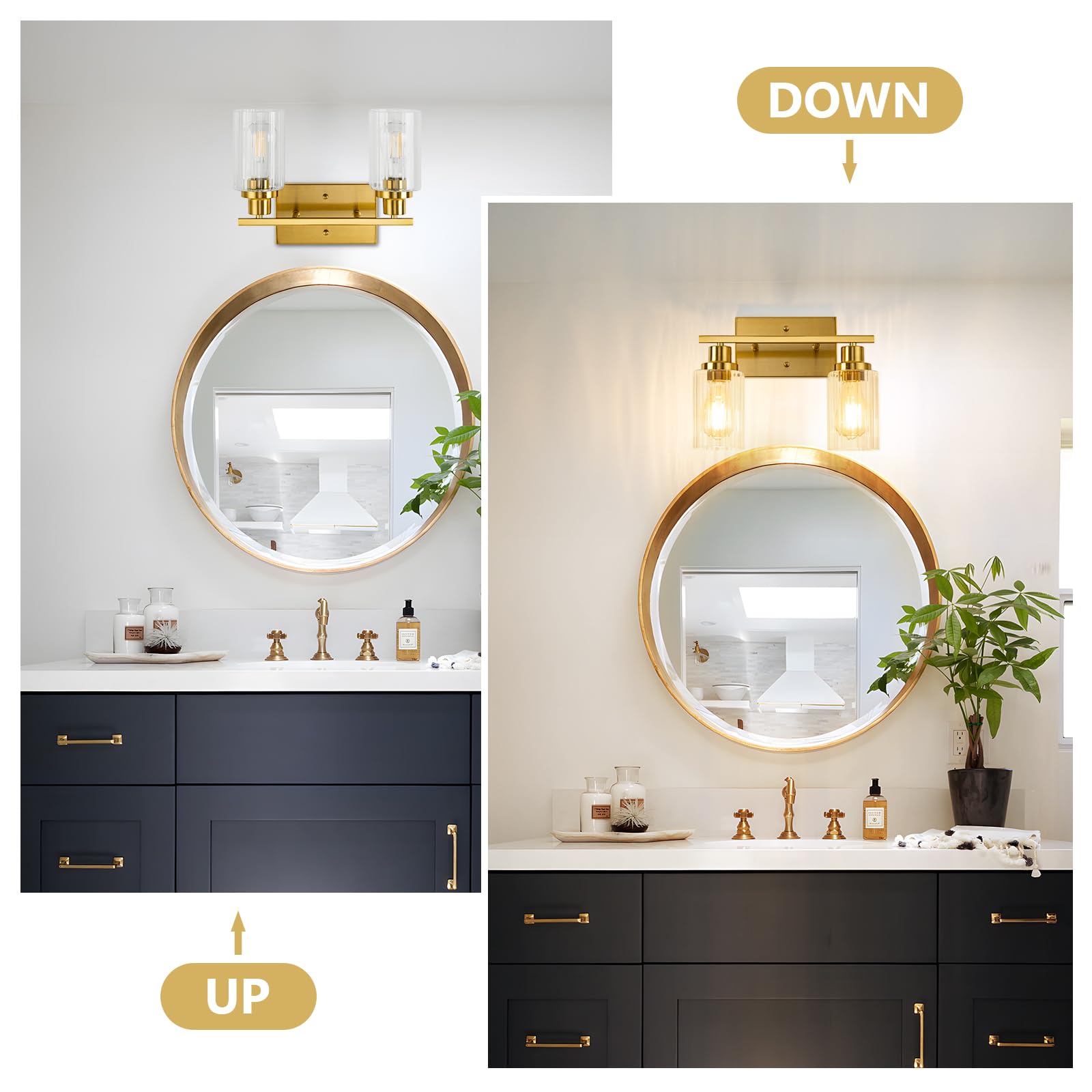 Jonsi Gold Bathroom Light Fixtures, 2 Light Brushed Gold Bathroom Vanity Lights With Fluted Glass Shade, Modern Gold Bathroom Lights Over Mirror, Vanity Lighting Fixtures, X003W-2Agb