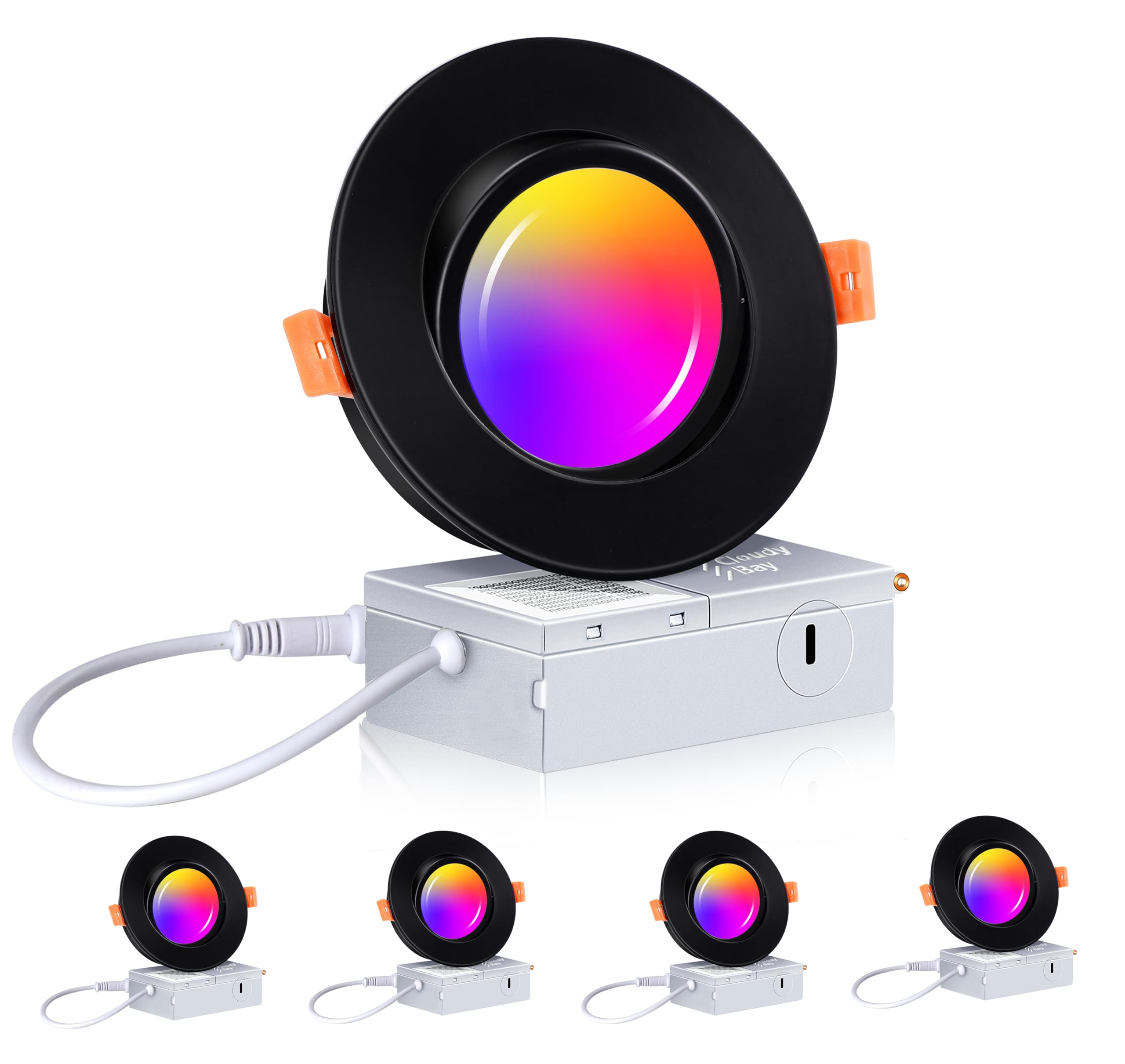 CLOUDY BAY 4 Inch Gimbal Smart WiFi LED Recessed Lights, RGBCW Color Changing, Black, Aluminum, Compatible with Alexa and Google Home