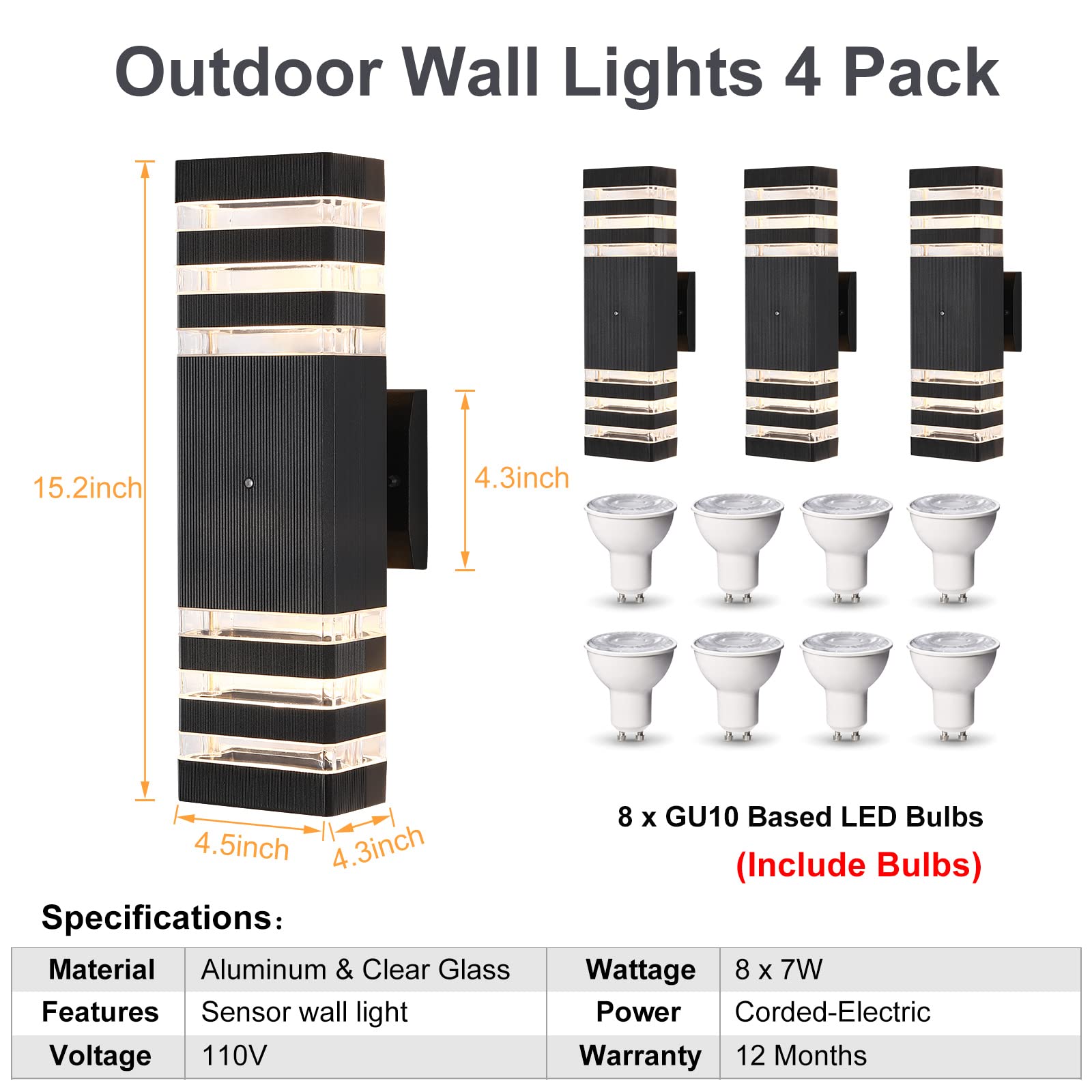 TEBLAMPUE Outdoor Wall Lights, 3000K Warm White, Black Aluminum, 4 Pack, Model TEBOWLS9, Waterproof Sconce for Porch, Garden, Corridor