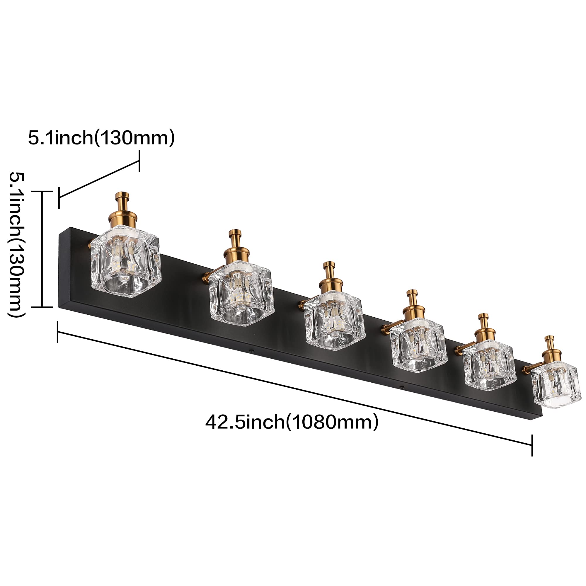 Presde 6-Light Modern Crystal Vanity Lights, Black & Gold, Metal, Model 7770-6T, Bathroom Lighting Fixtures Over Mirror