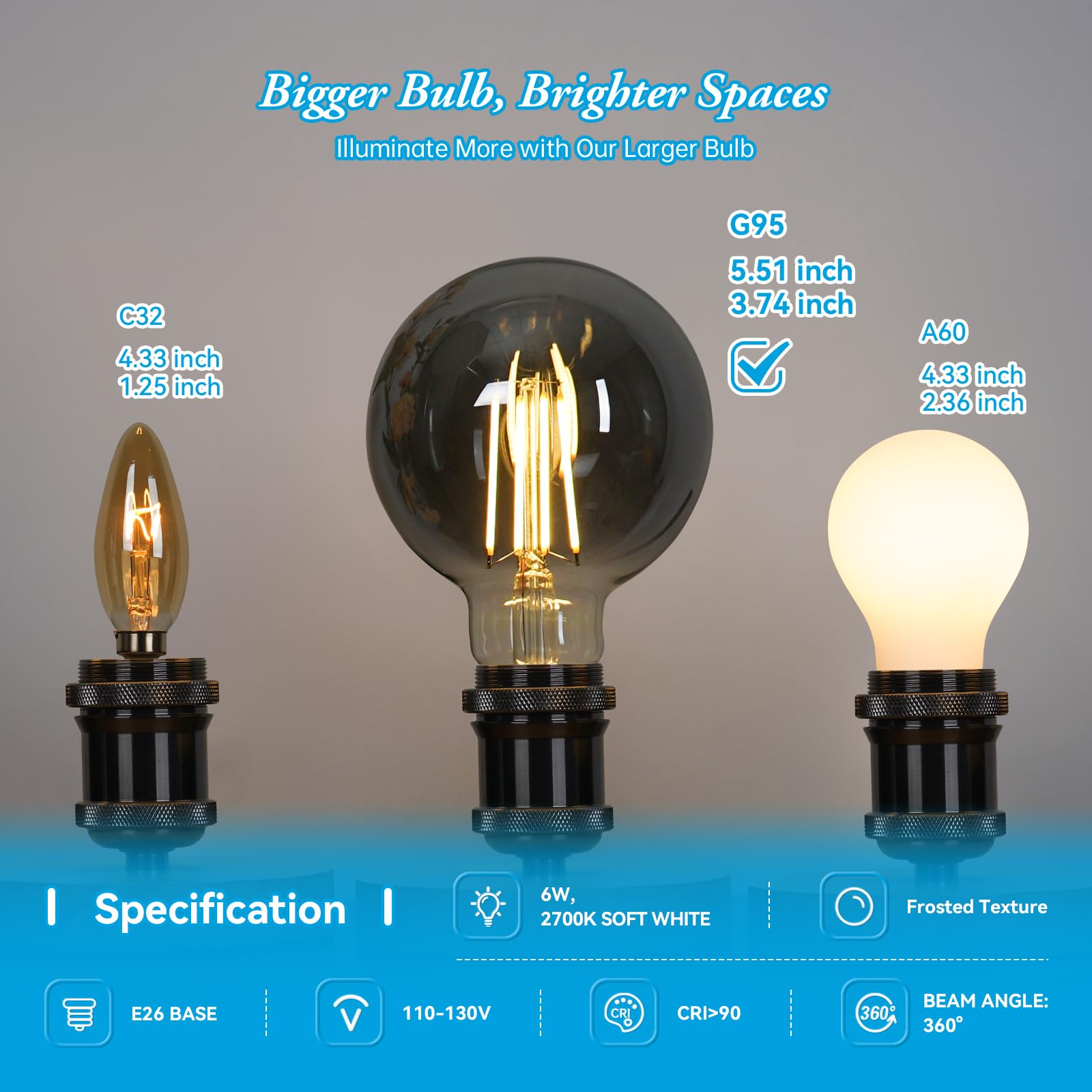 Brighfivey Smoke Led Globe Light Bulbs, 60 Watt Light Bulbs Soft White, 6W Led Light Bulbs, 2700K Warm White, 500 Lumen E26 Stan