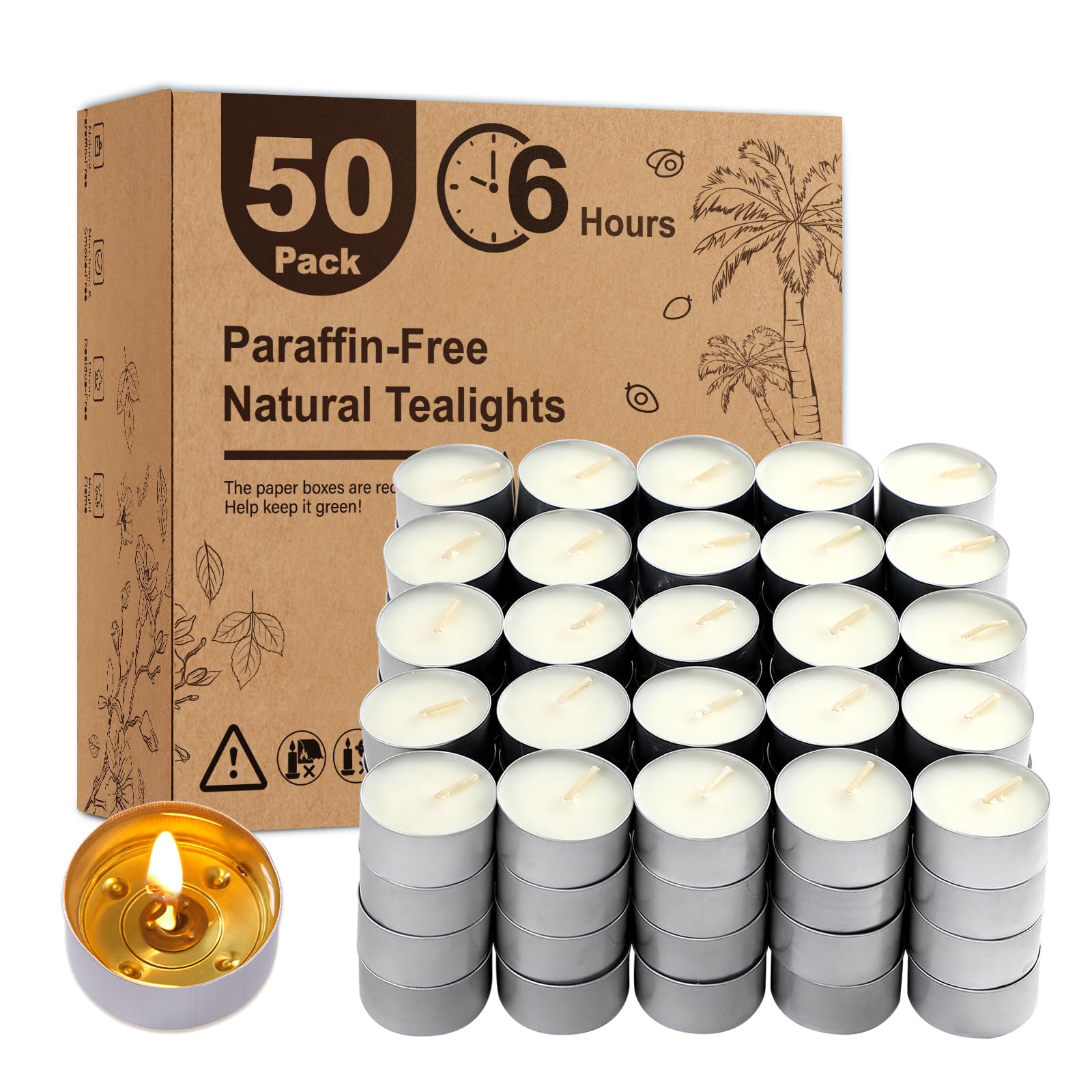 Unscented Tea Lights Candles 50 Pack 6 Hours Long Burning White Tea Candles Bulk Non-Paraffin  Clean Burn  Smokeless  Palm Tealight Candles for Wedding Centerpiece Christmas Lights Home Decor
