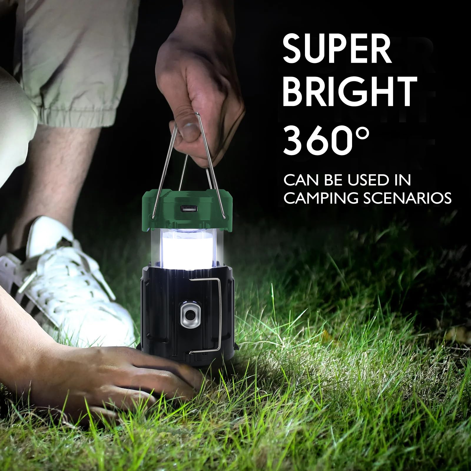 BUGPASS Solar Camping Lantern with Fan, Rechargeable, Lightweight, Green, Model: Lanterns for Power Outages