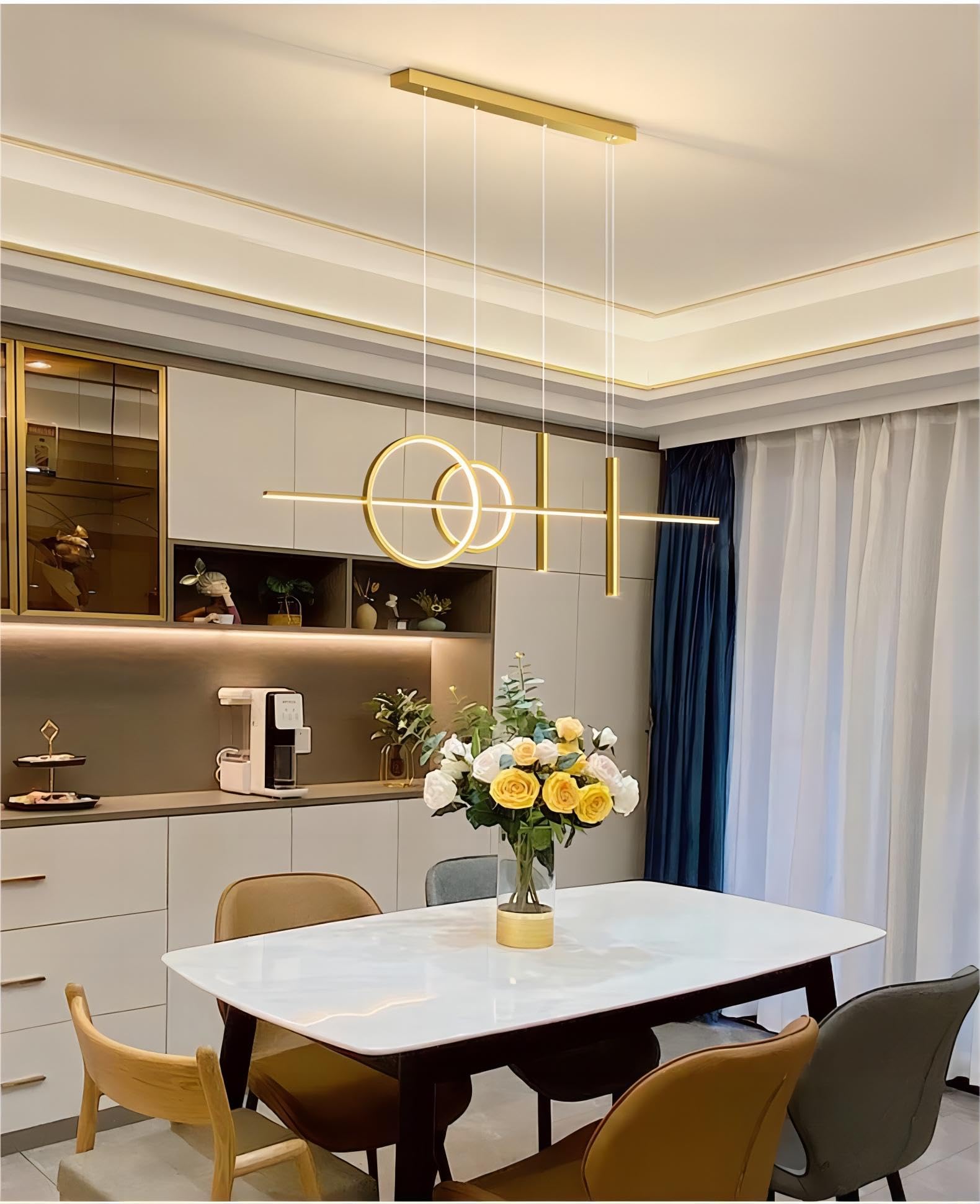 Generic LED Island Light, 5 Lights, Remote Control, Dimmable, 39.4 Inch, Iron/Acrylic/Silicone, All Gold, Model DD050702
