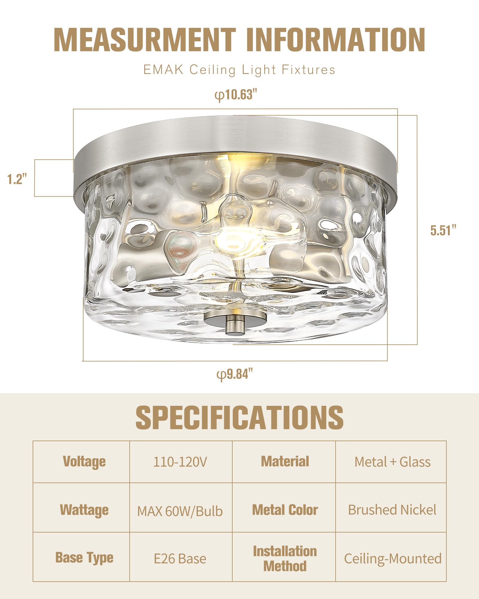 Emak 11&quot; Brushed Nickel Flush Mount Light Fixture With Hammered Glass Shade, 2-Light Ceiling Light