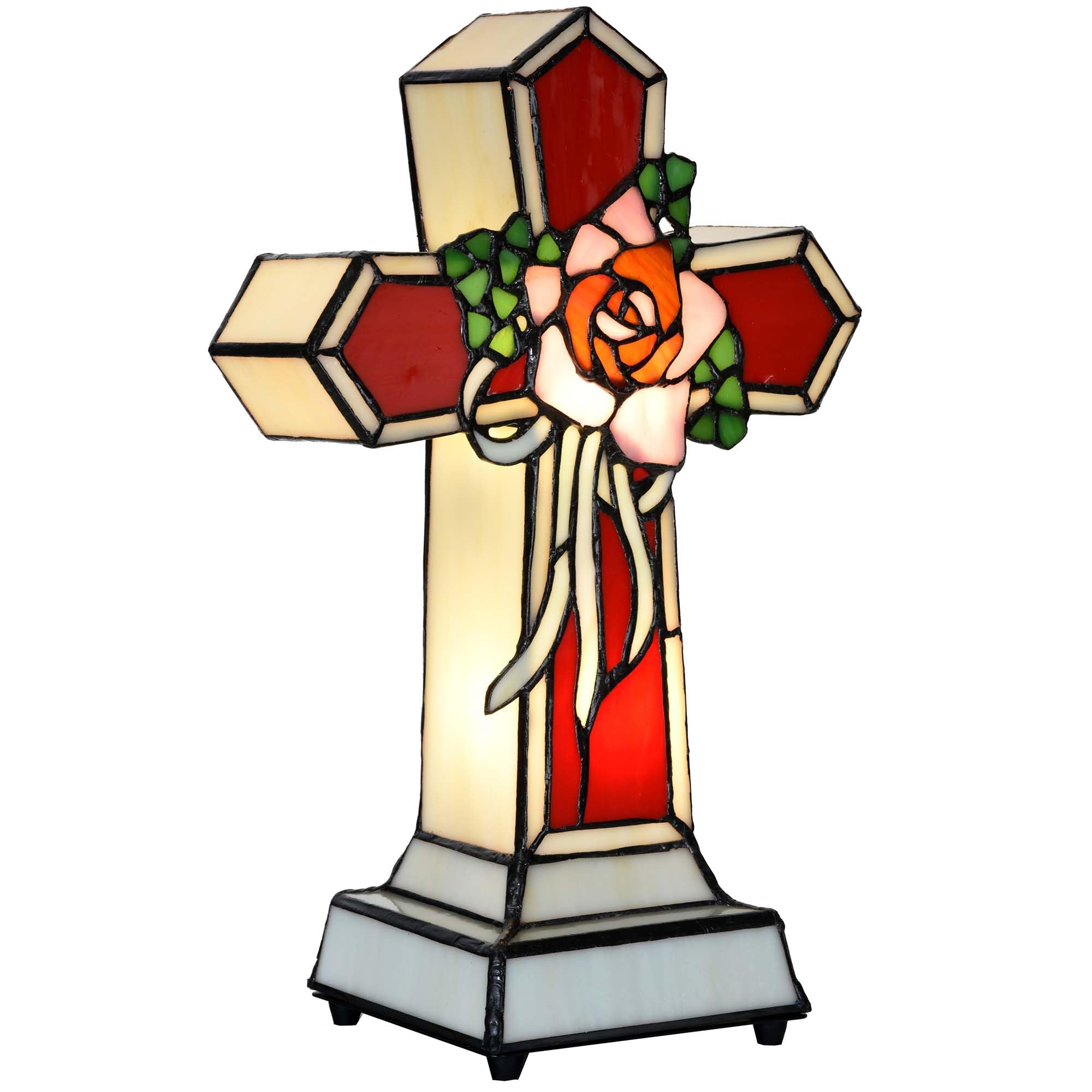 Bieye L10935 Christian Cross Tiffany Style Stained Glass Accent Table Lamp Night Light for Home D  cor (Rose)