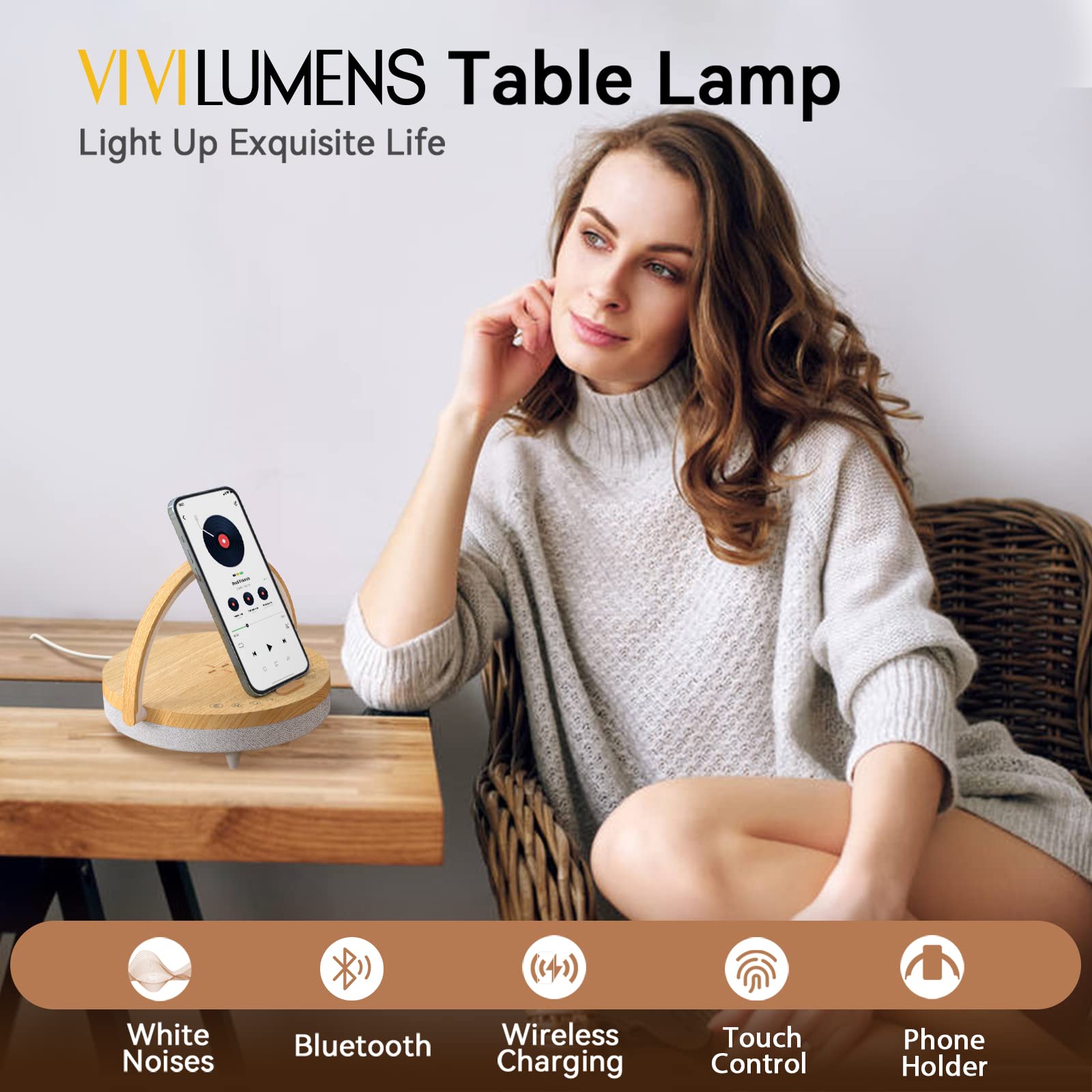 Vivilumens Bedside Lamp with Wireless Charger, Touch Control, 3-Level Dimmable, White Noise, Bluetooth Speaker, S22 Model, White Noise Upgrade