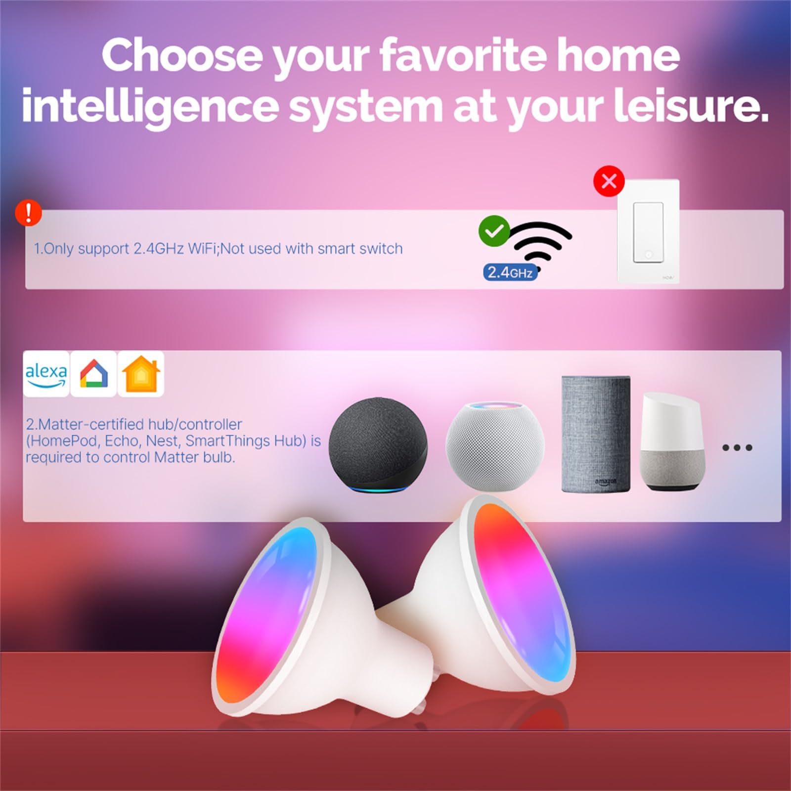 Moes Matter Smart Gu10 Led Light Bulbs, Color Changing Wifi Smart Bulbs, 2700K-6500K Cw& Rgb Dimmable, Smart Life Remote Control