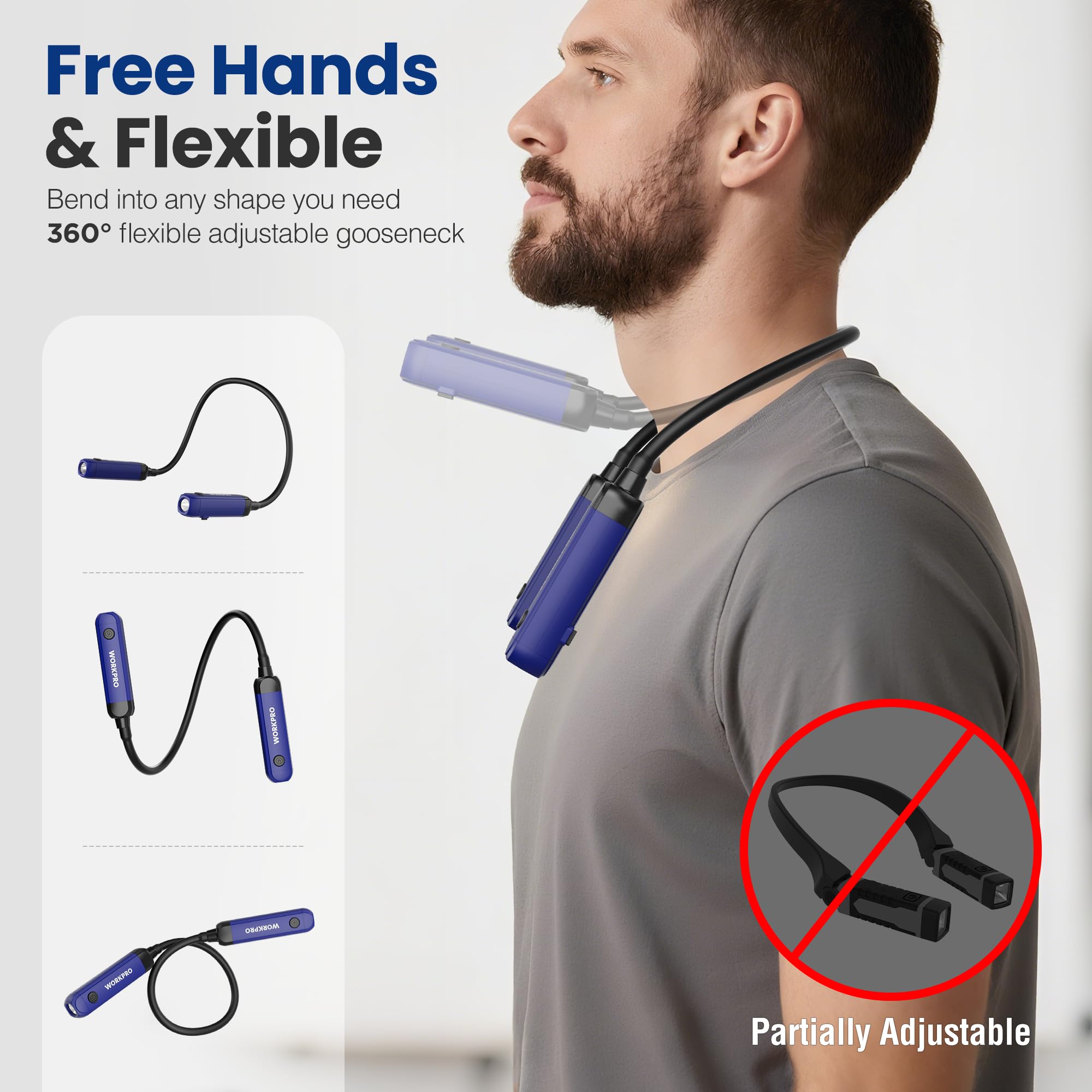 WORKPRO Rechargeable Neck Light, 300 Lumens, 3 Brightness Levels, Bendable Silicone Arm, Blue and Black, Model W139033AF