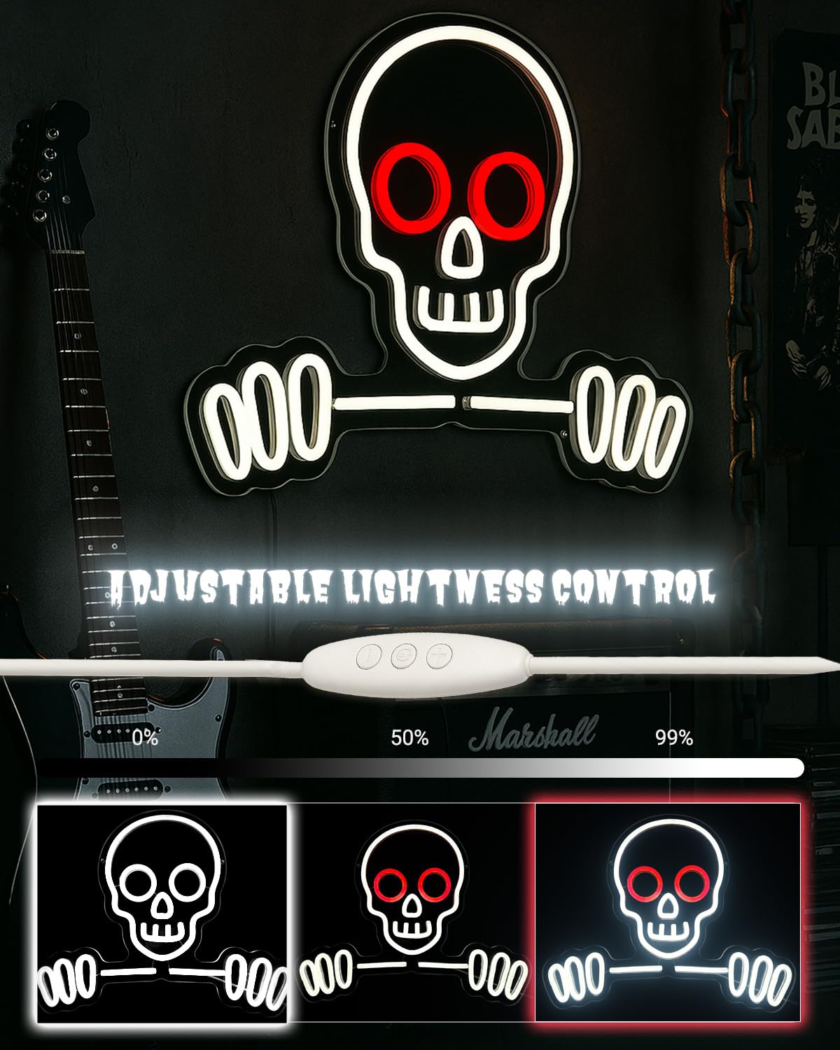LIBFUGOR Skull & Skeleton Neon Sign, Dimmable LED Wall Light, USB Powered, 16’’×12.6’’, White Plastic Gothic Decor