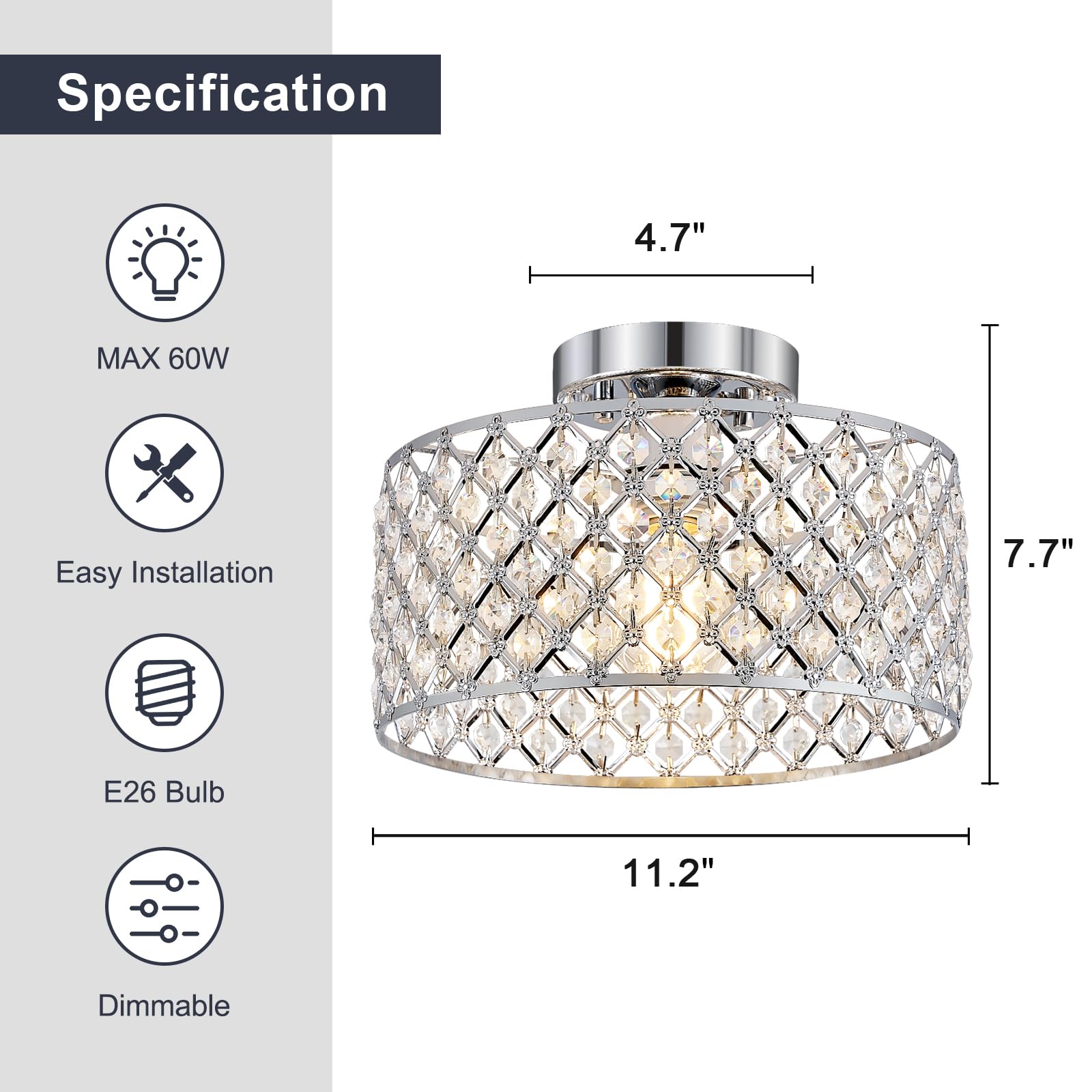 Bzvesr Chrome Crystal Ceiling Light Fixture Modern Semi Flush Mount Ceiling Lighting Fixture Round Small Chandelier For Dining Room  Hallway  Entryway  Kitchen  Bedroom Foyer 1 Light 11.2 Inch