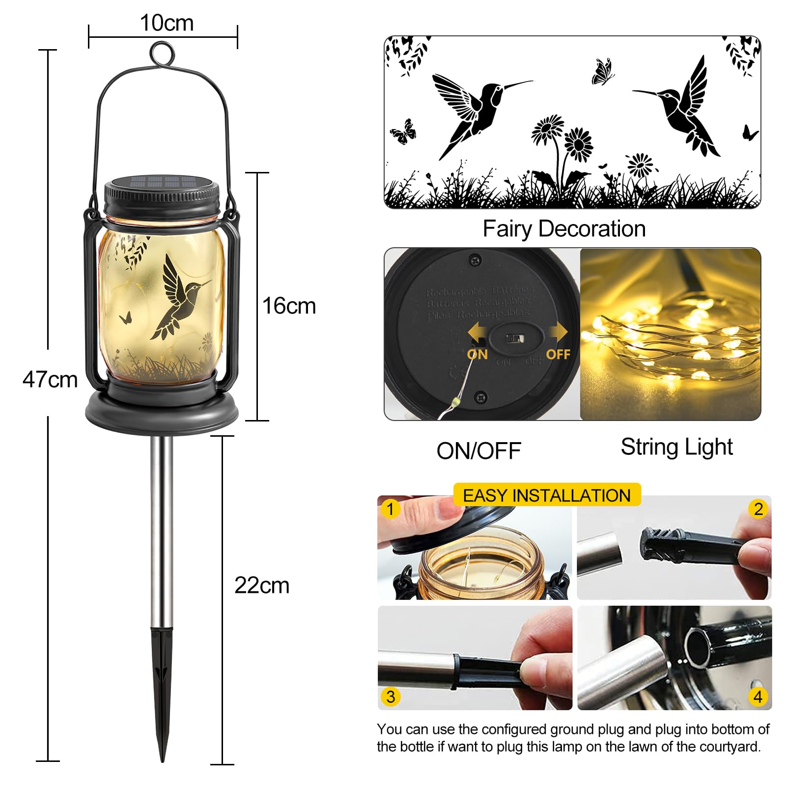 YJFWAL Hummingbird Solar Lantern - Waterproof Garden Light for Patio, Yard, Porch, Brown, Mason Jar Design, Model: fugumeisen-1P