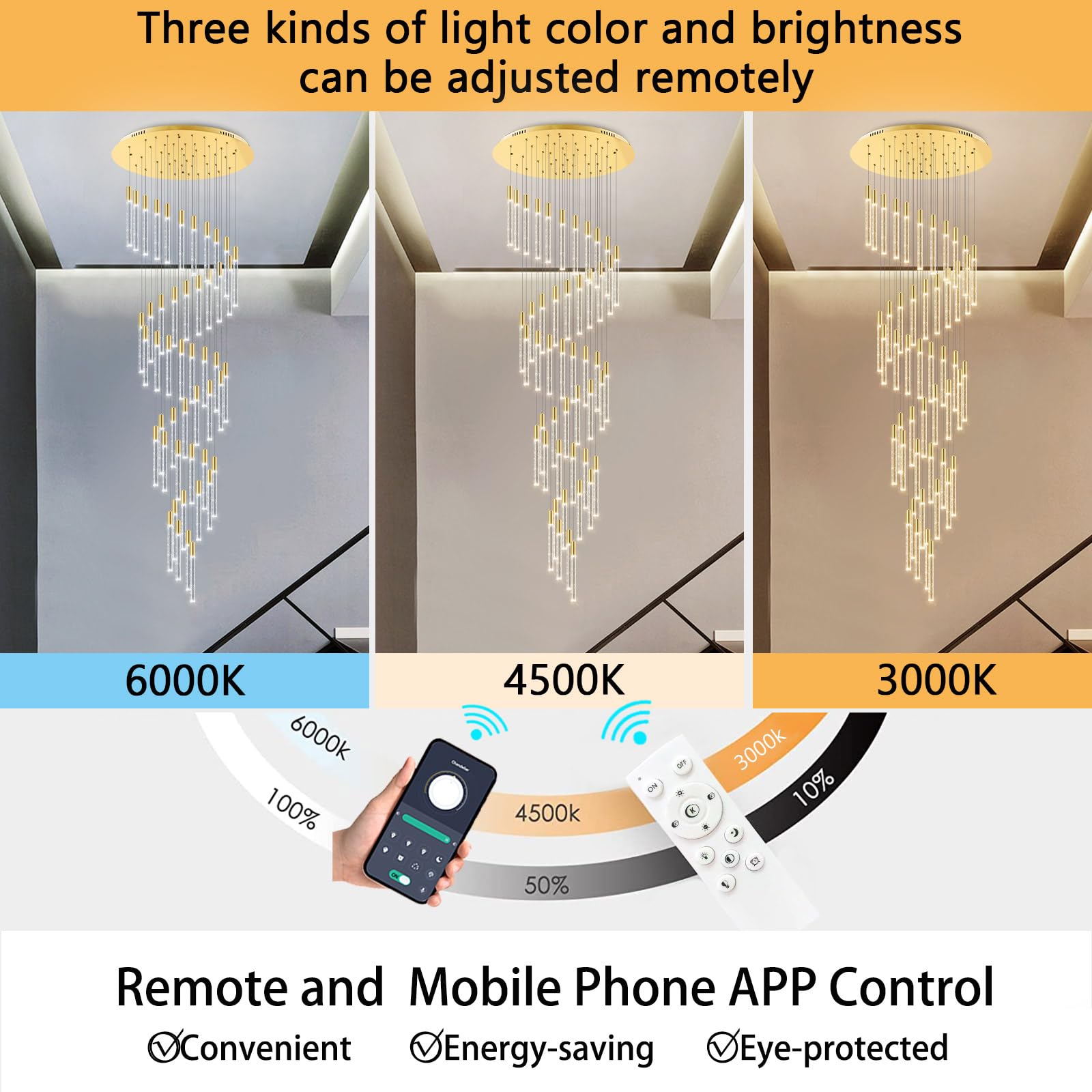 HAIXIANG 20 Foot 48-Light Gold High LED Dimmable Chandeliers Ceiling Pendant Light Fixtures Remote Control Light Fixtures Crysta