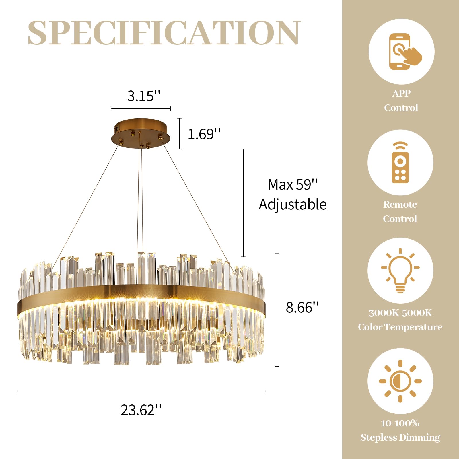 ALIYIQI 23.6" Dimmable LED Crystal Chandelier, Gold Pendant Light with Remote, Modern Fixture for Dining Room, Kitchen, Entryway