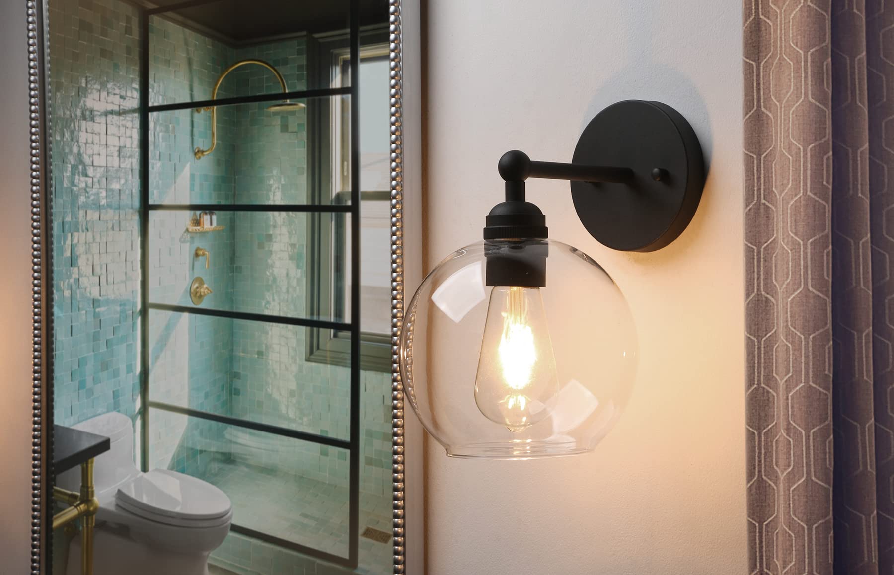 Yosoan Brass Boho Wall Sconce, 1-Light Vintage Industrial Fixture, Glass Metal, Large, Black, Model 13141