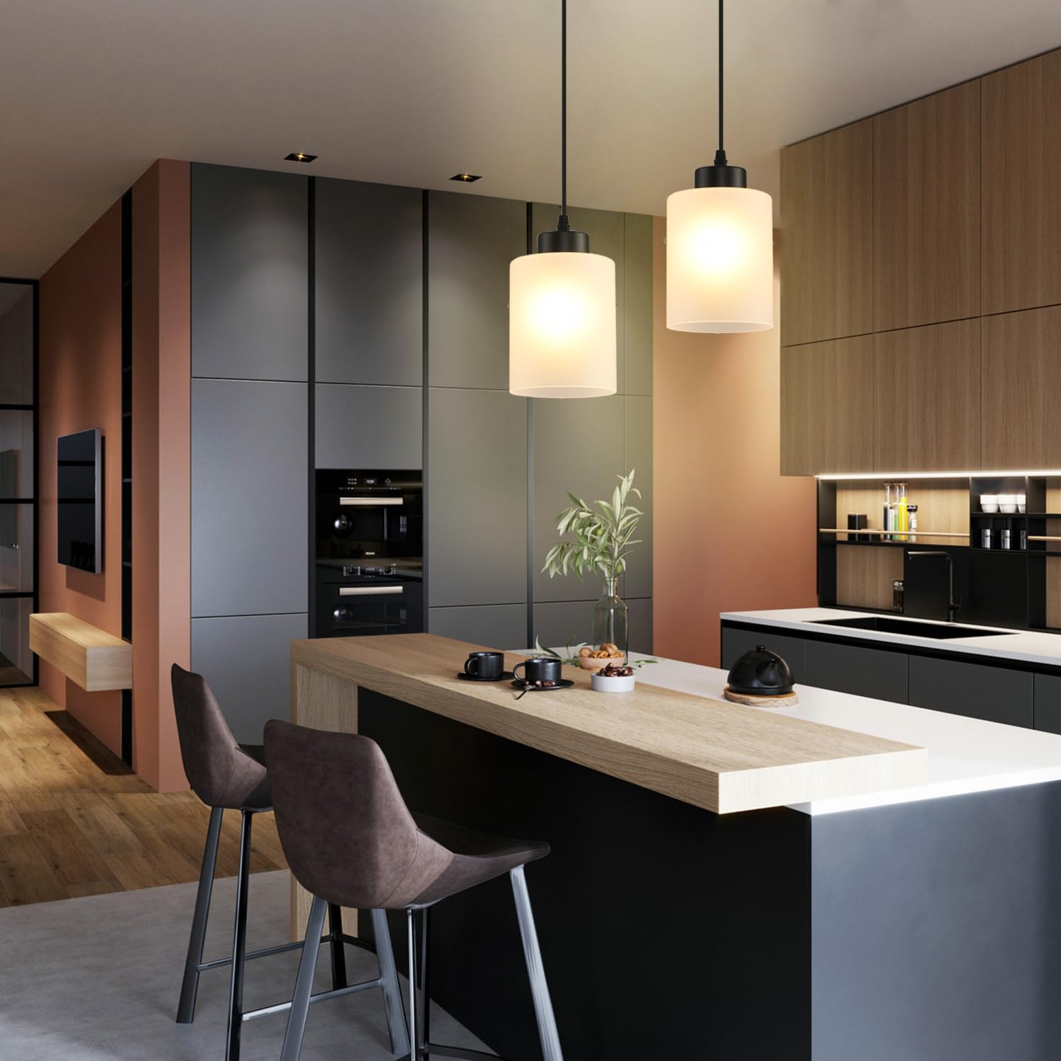 Cafulam Modern Black Farmhouse Pendant Light With Glass Shade,Industrial Pendant Lighting, Adjustable Hanging Light Fixtures, Fa