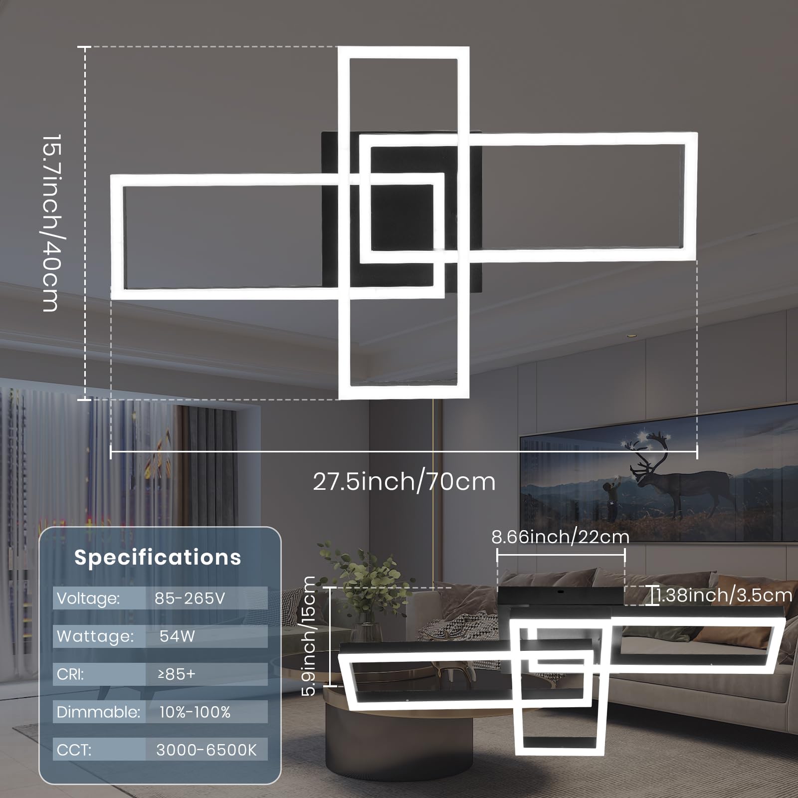 EIDISUNY Modern LED Ceiling Light Fixture, Dimmable 40W, Black 3 Square, Remote Control & APP, Model CL-3CFBKYX-D-2985