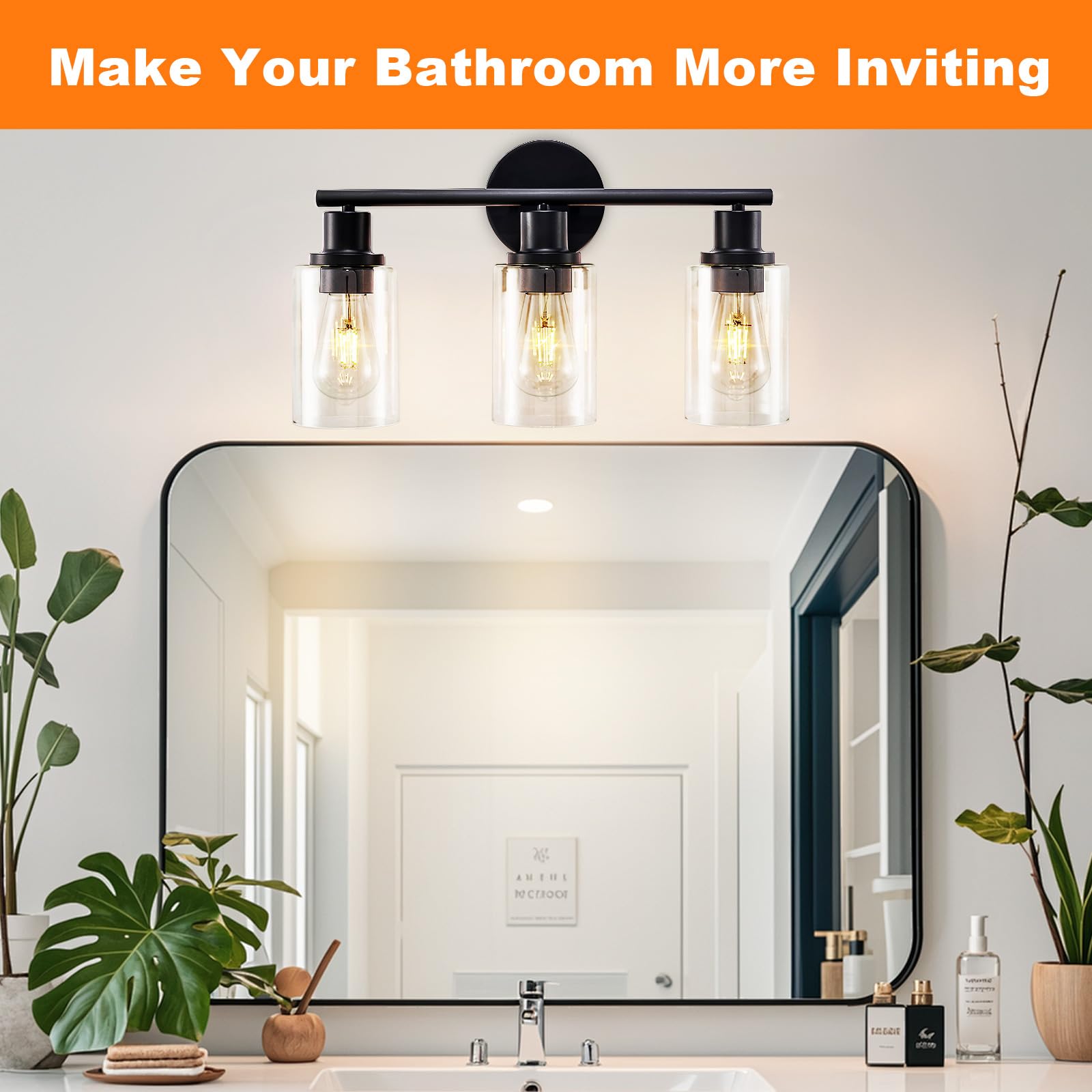 DINGLILIGHTING 3-Light Bathroom Vanity Light Fixture - Matte Black Glass Shade Wall Lamp for Mirror, Kitchen, Living Room, Hallway