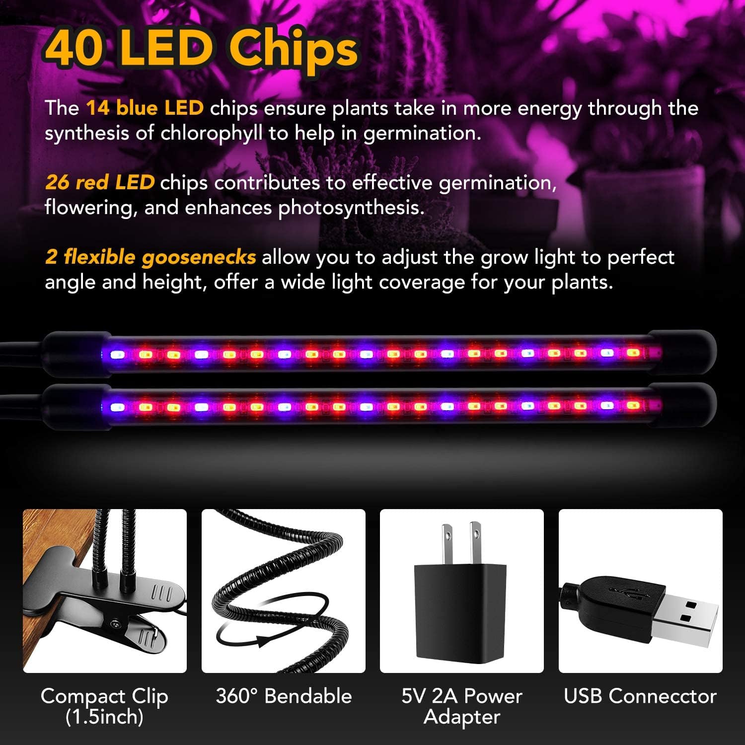 iPower LED Grow Light with Adjustable Gooseneck, Red&Blue Spectrum, 2 Tubes, 11 Dimmable Levels, Auto ON/OFF, 3/9/12H