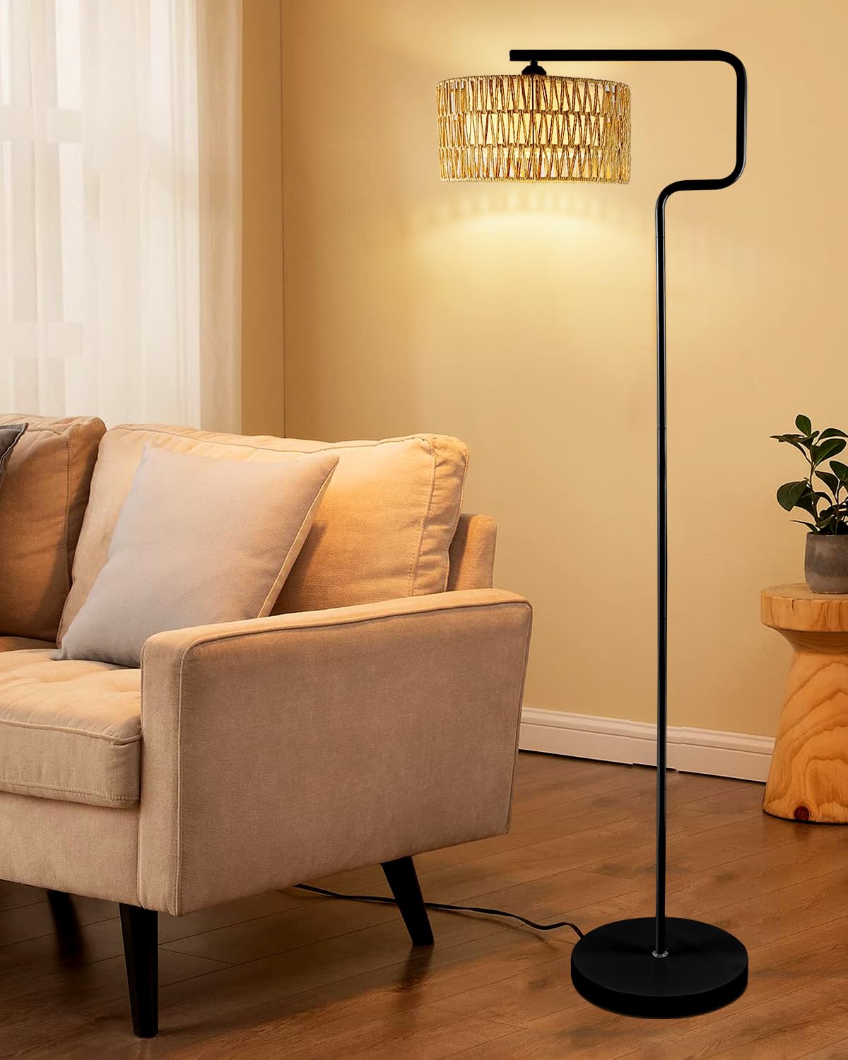 Lightdot 62In Rattan Floor Lamps For Living Room, Boho Standing Lamp With Rattan& Linen Double Shades, Arc Standing Floor Lamps,