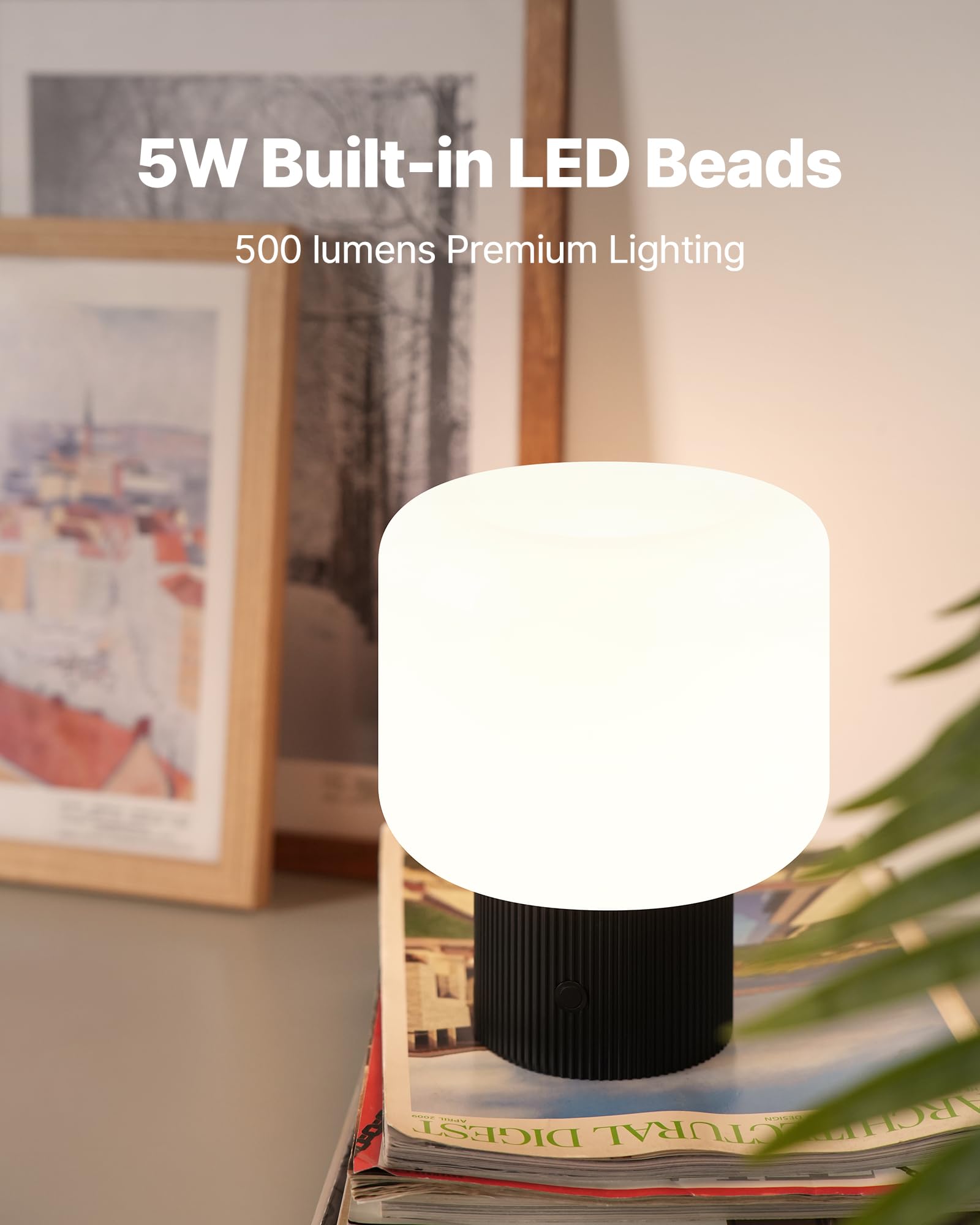 MAGCHARM Halo Mushroom Lamp - 5W Cordless Rechargeable Table Light, Glass Shade, Dimmable LED, Black, Model S447046-8L