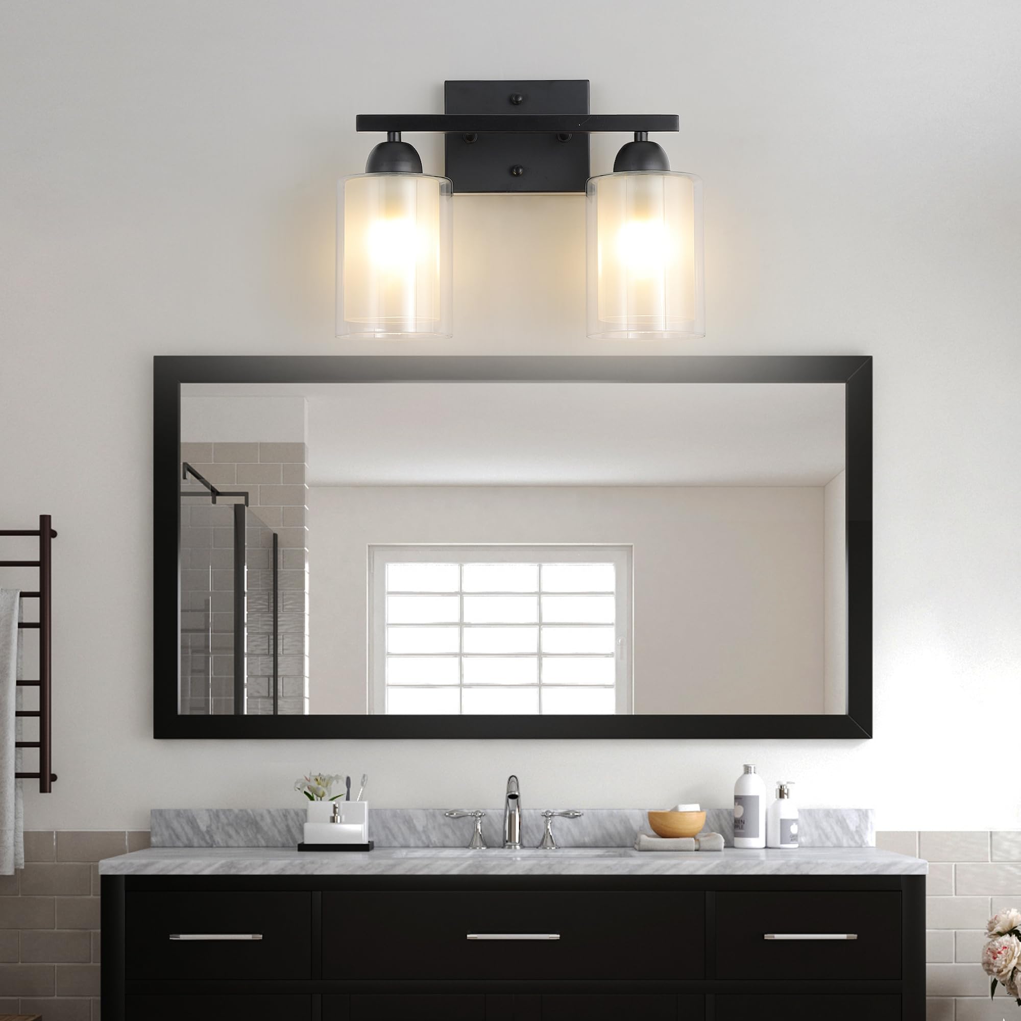 Mecgirn 2 Light Bathroom Vanity Light, Matte Black, Stainless Steel with Clear and Milk Glass Shades, Model B0007-2-Black