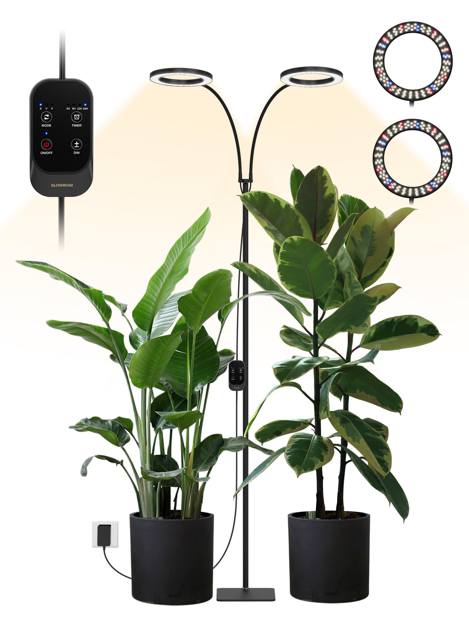GLOWRIUM 48W LED Dual-Head Grow Light for Indoor Plants  23.5-71 Adjustable Height  3-Growing Full Spectrum for Tall Plant Light  3/9/12/16H Timer  6-Level Dimming  Ideal for Large Tall Plants