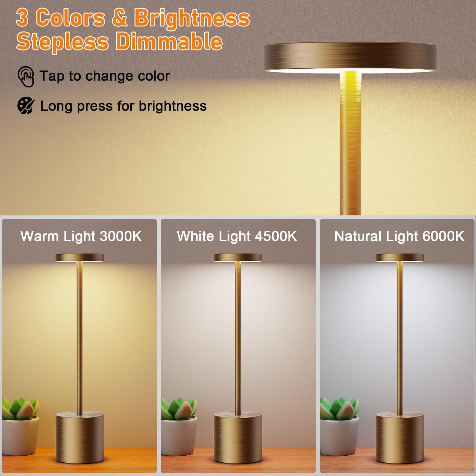 SAKRINGT Cordless Table Lamp, Rechargeable 6000mAh LED Light, Aluminum, Titanium, Model S801