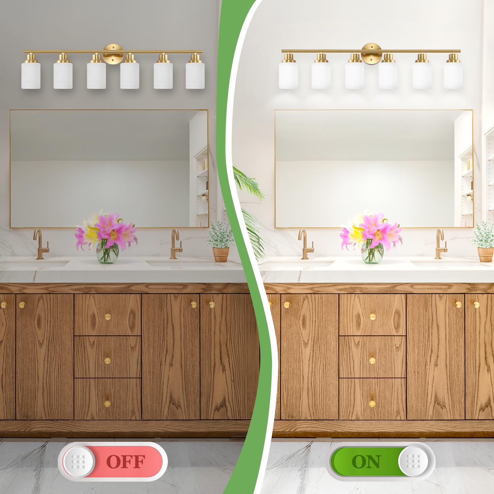 Guliaofo 6-Light Gold Bathroom Light Fixture, Bathroom Vanity Light Fixture Over Mirror, Bathroom Wall Lights With Milky White F