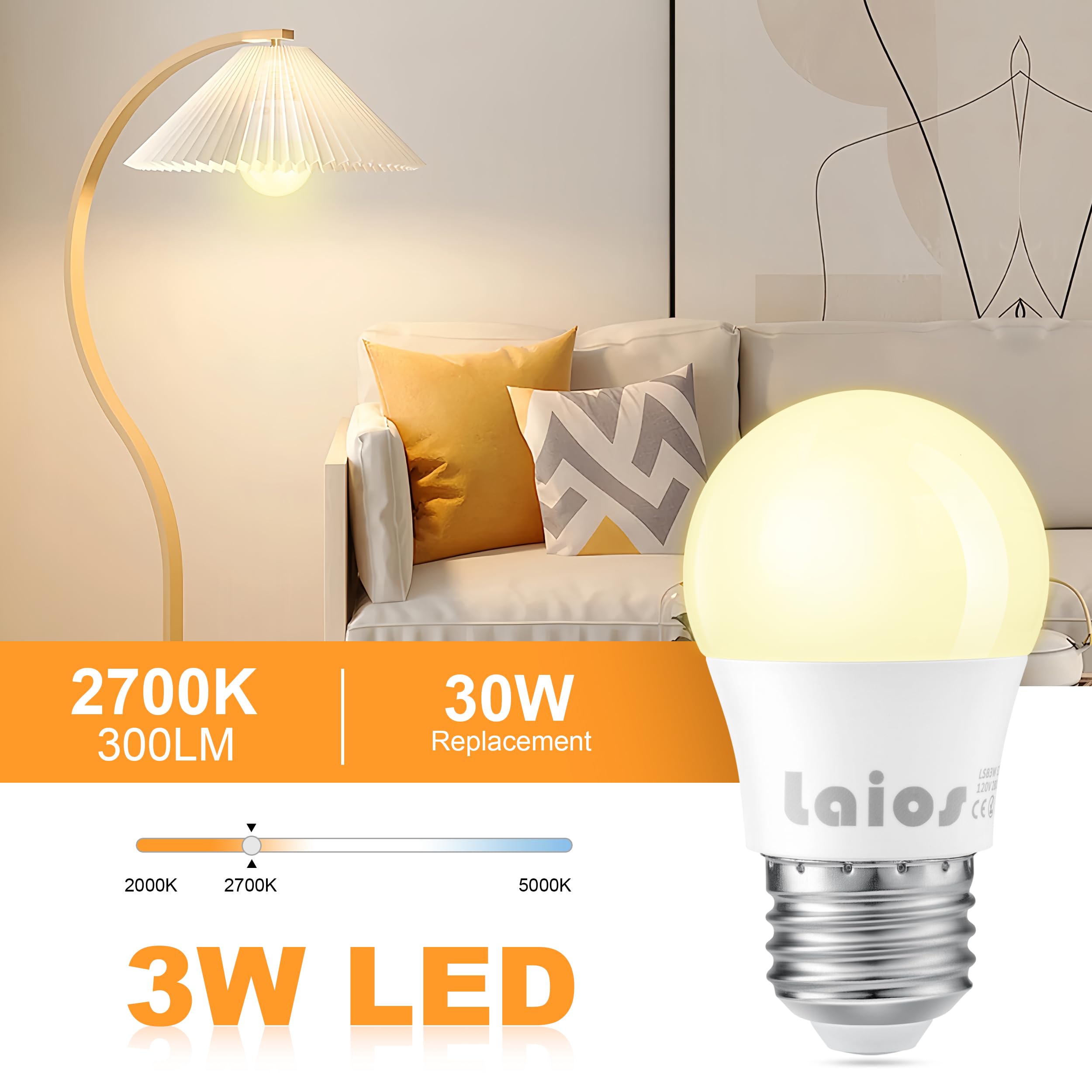 Laios E26 Led Light Bulb A15 Shape, 3W Replace 30W, 300Lm, Soft White 2700K, 120V Medium Screw Light Bulb, Pack Of 6, Non Dimmab