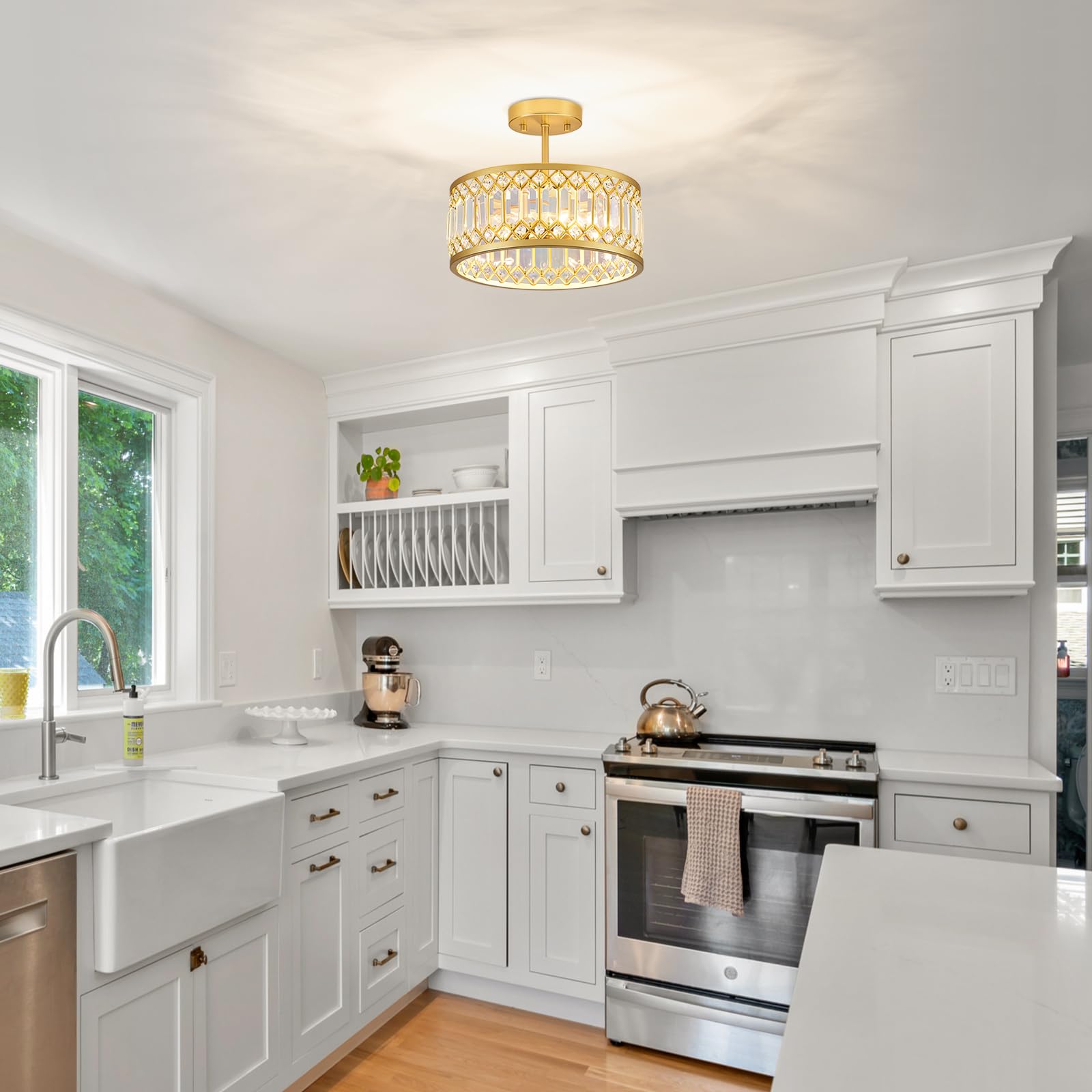 Yurnyq Crystal Ceiling Light Fixture, Modern Semi Flush Mount Ceiling Light, Gold Lighting Fixtures Ceiling Chandelier For Kitch