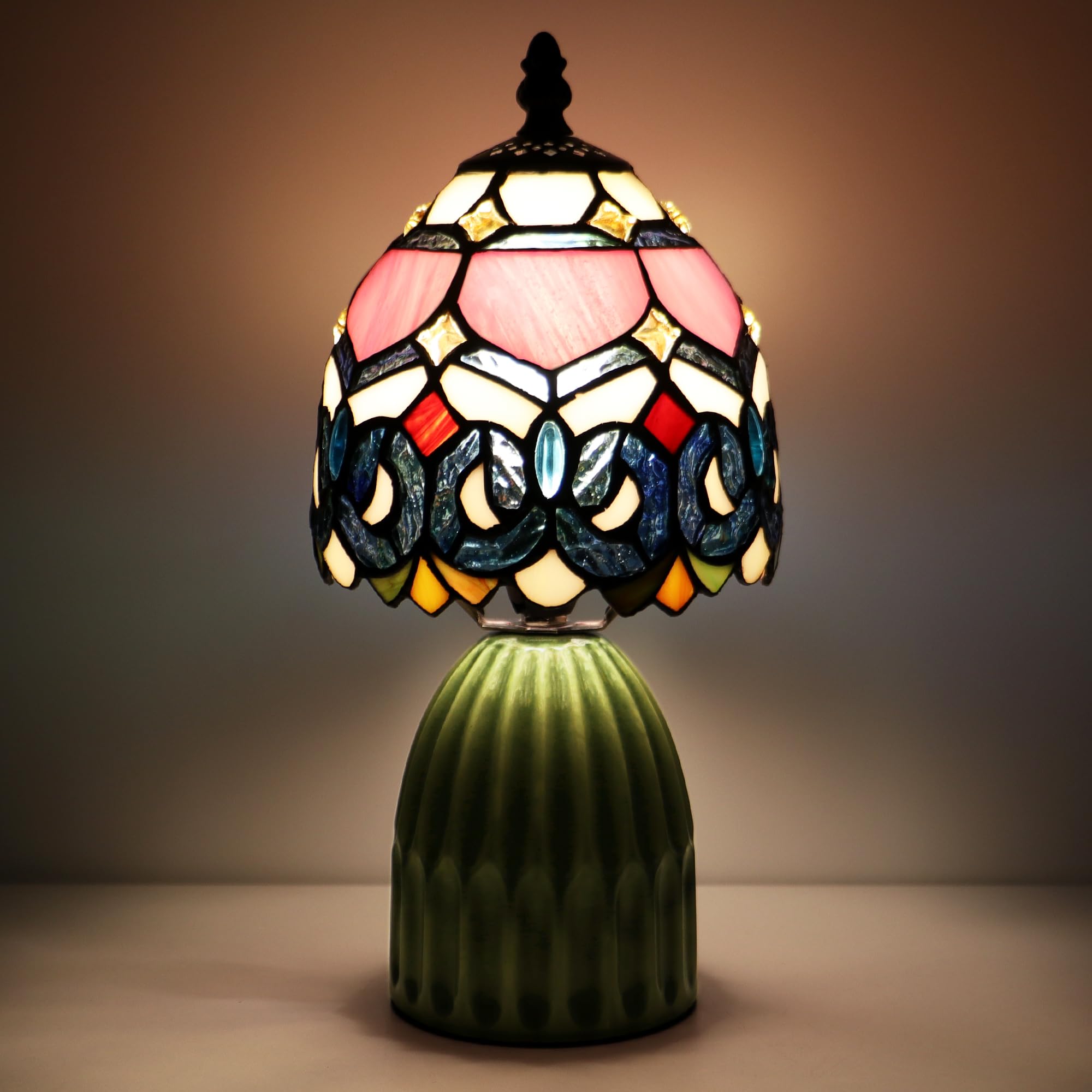 MQYXH Tiffany Lamp Stained Glass Mushroom Table Lamps 6X6X12.5 Inch Pink Jewelry Baroque Style Small Night Light Ceramic Base Mini Accent Desk Light Suitable for Bedside Table Bedroom Children Room